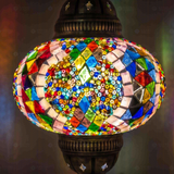 Lit close-up of mosaic glass globe — Multicolor pendant light glowing (ENV DYN3060)