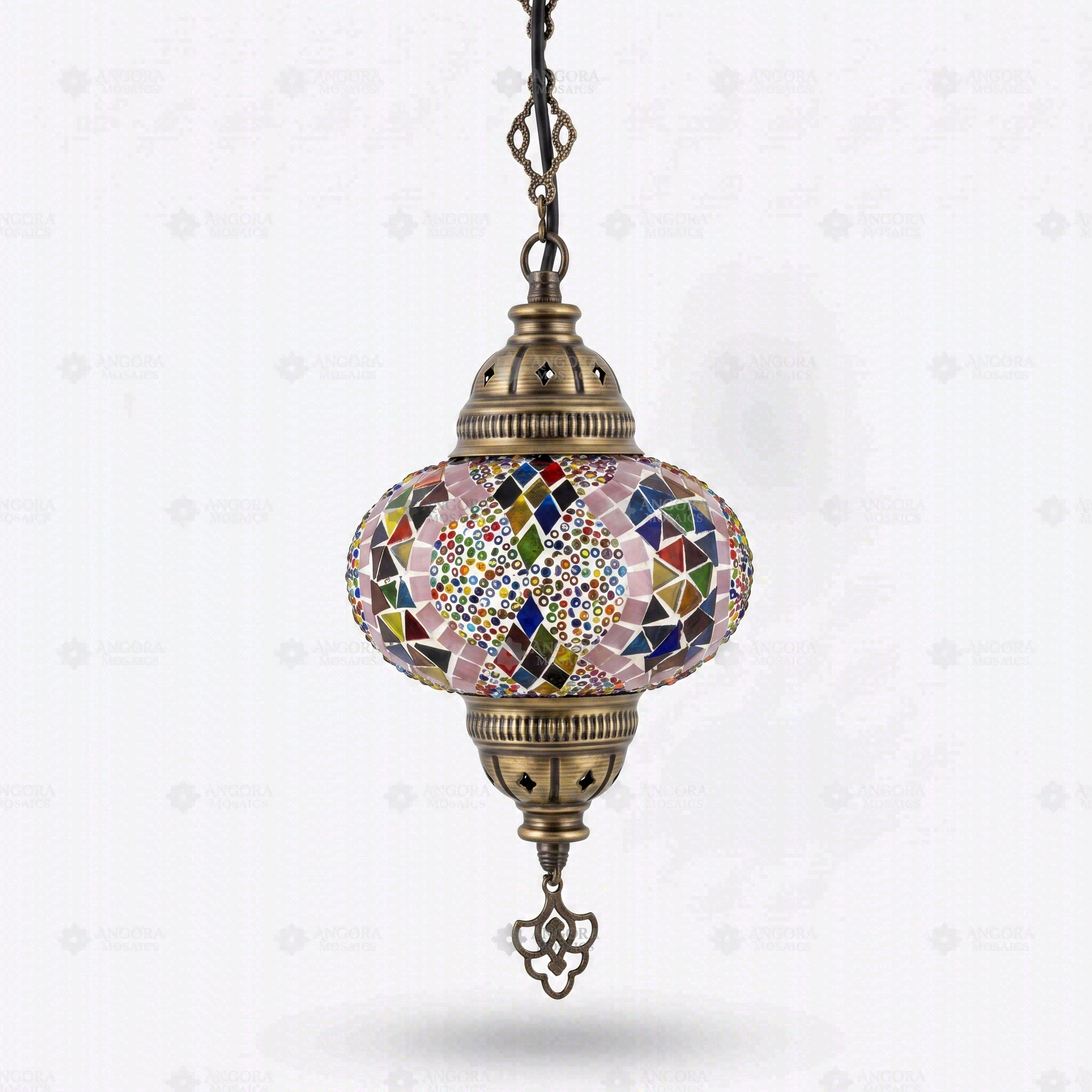 Full view of handmade Multicolor multicolor jewel Turkish mosaic pendant light on white background (ENV DYN3060)