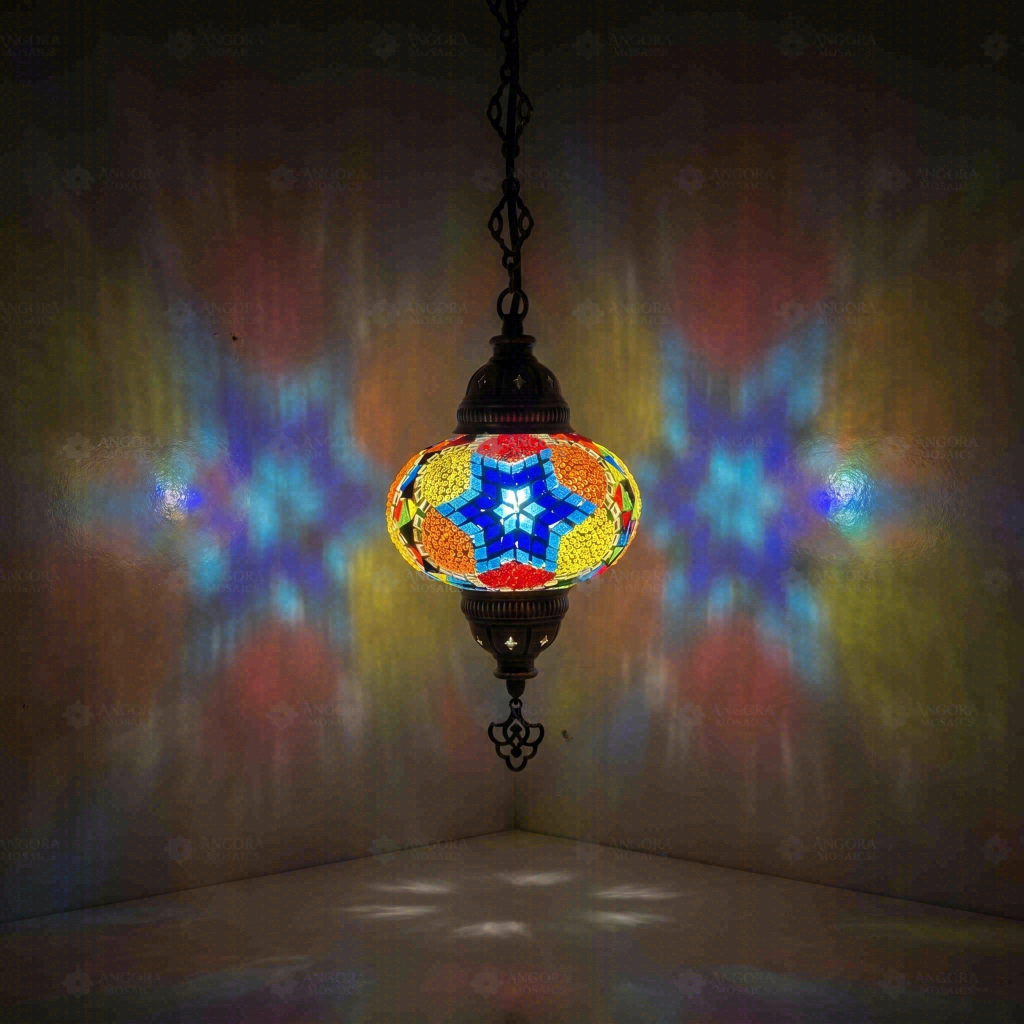 Multicolor Turkish mosaic pendant light illuminated, showing colorful light projection (ENV DYN3061)