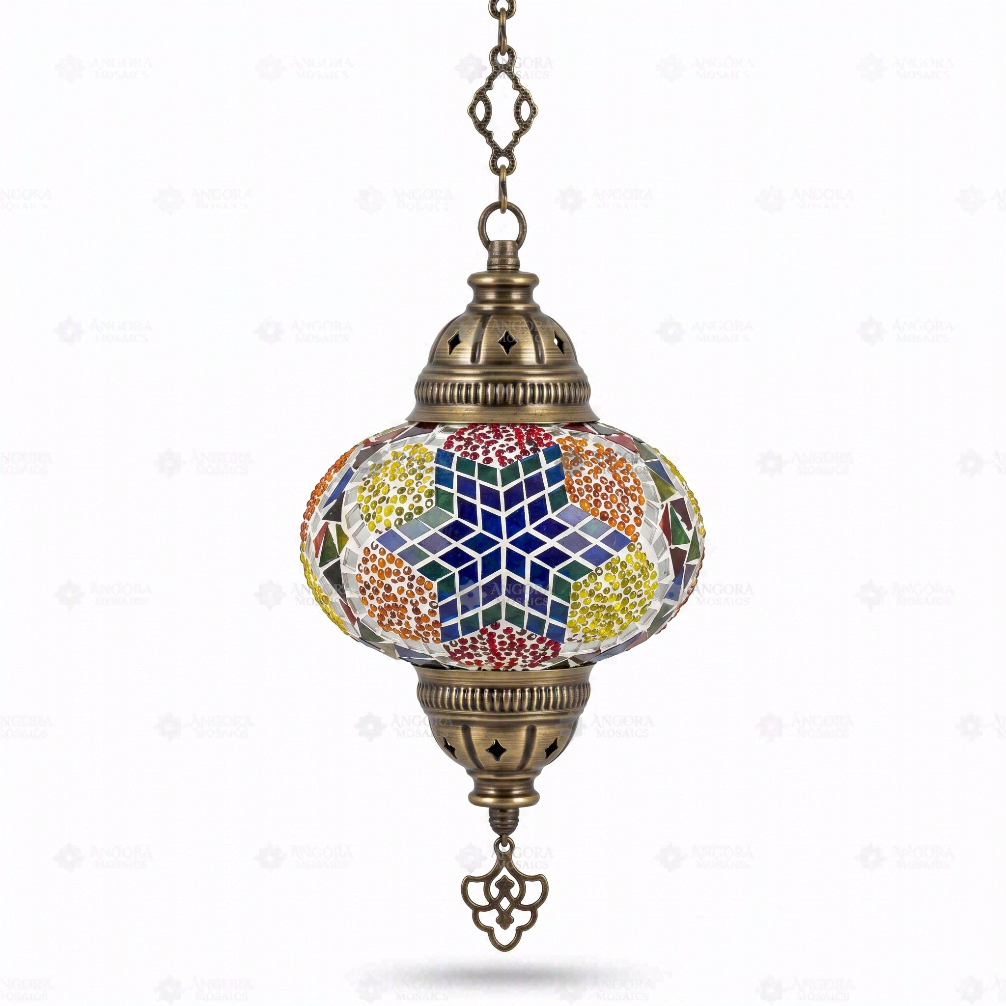 Full view of handmade Multicolor multicolor jewel Turkish mosaic pendant light on white background (ENV DYN3061)