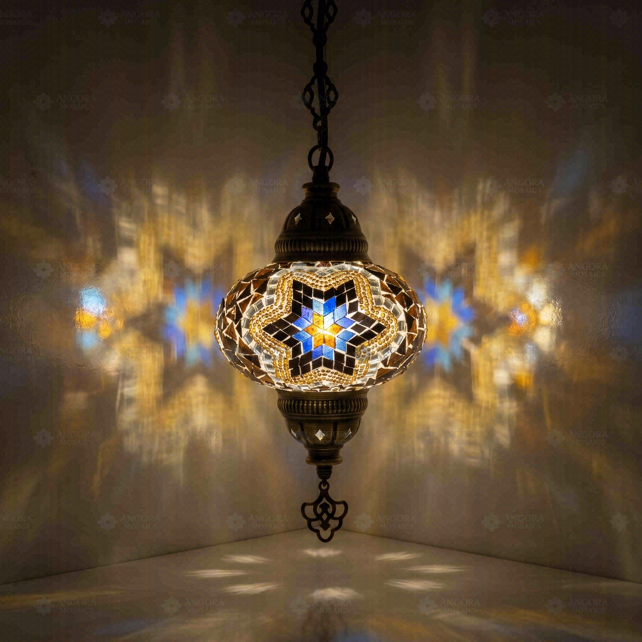 Cool Tones Turkish mosaic pendant light illuminated, showing colorful light projection (ENV DYN3063)