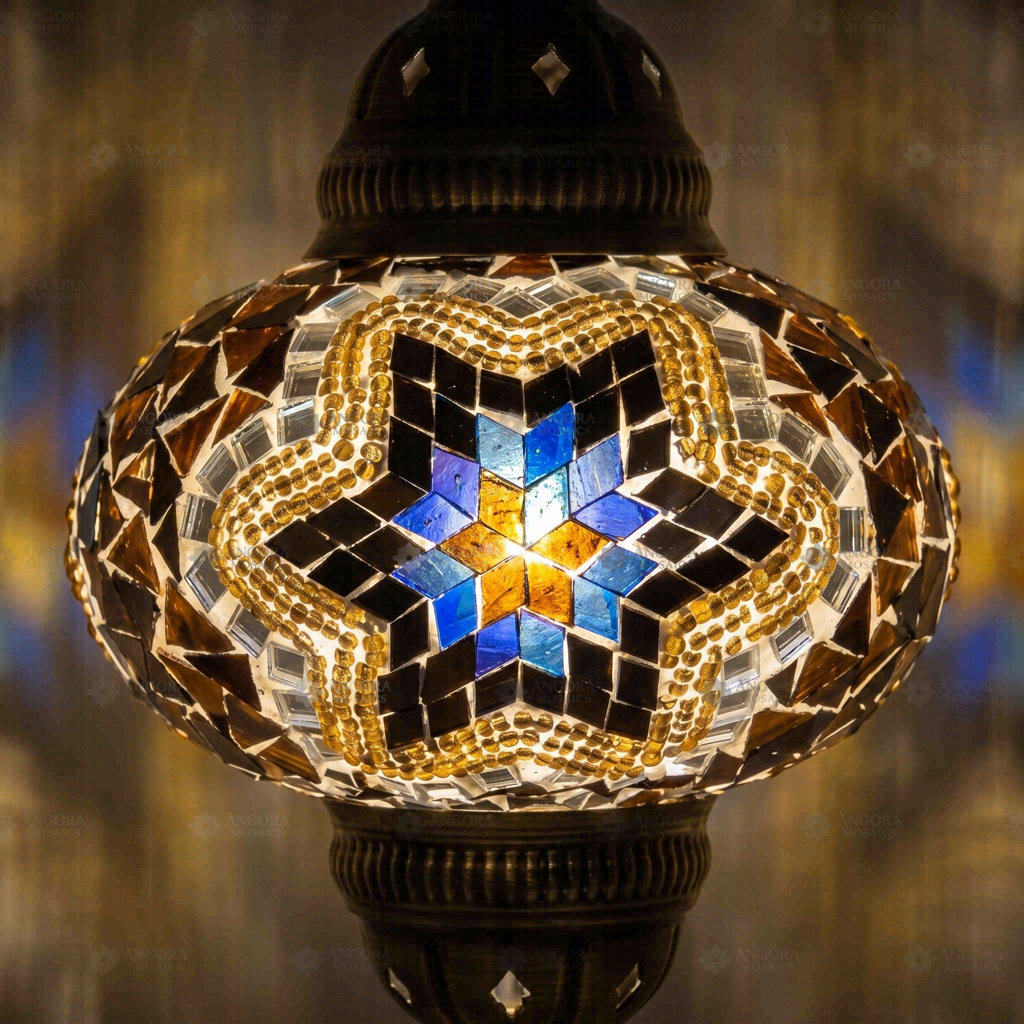 Lit close-up of mosaic glass globe — Cool Tones pendant light glowing (ENV DYN3063)