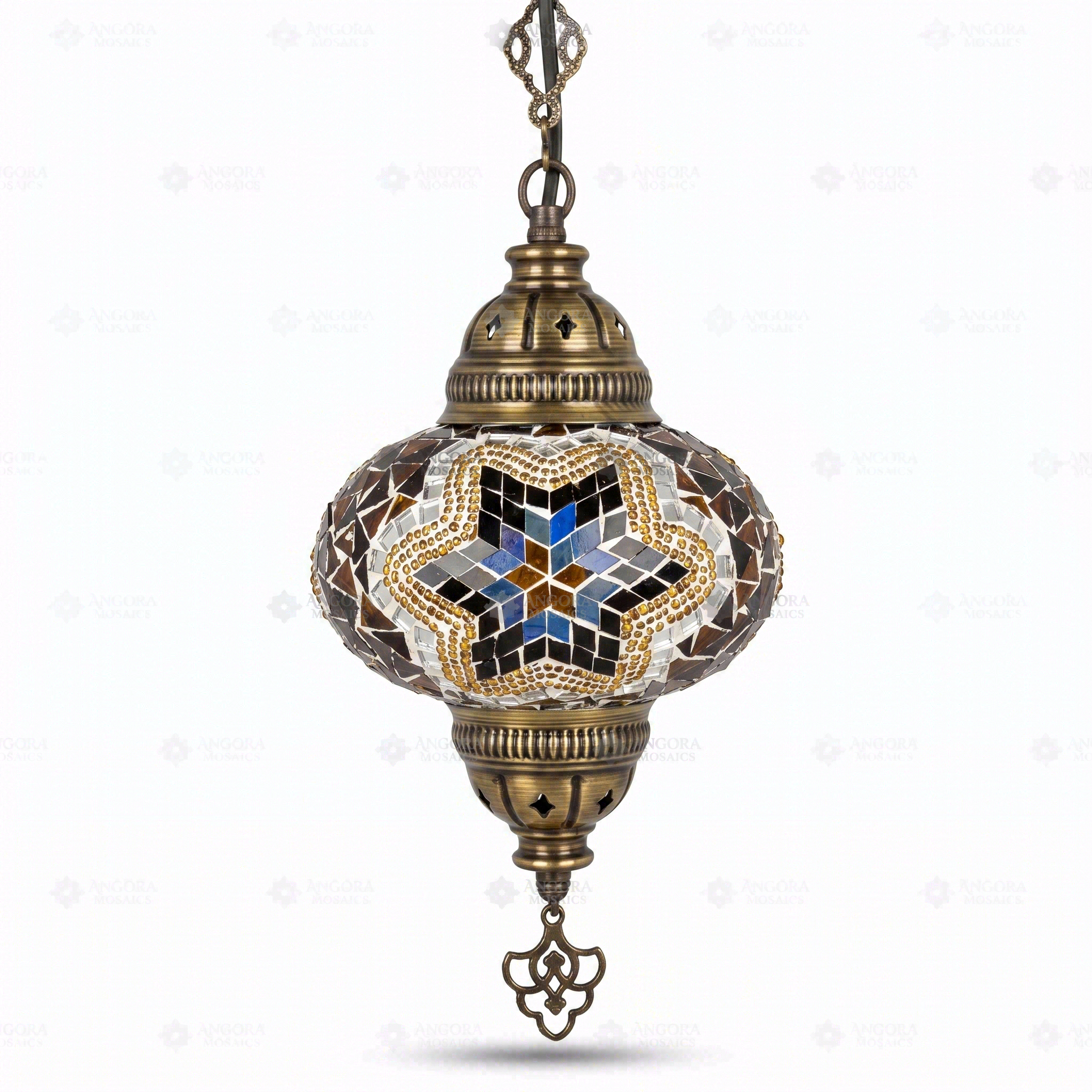 Full view of handmade Cool Tones mixed cool Turkish mosaic pendant light on white background (ENV DYN3063)