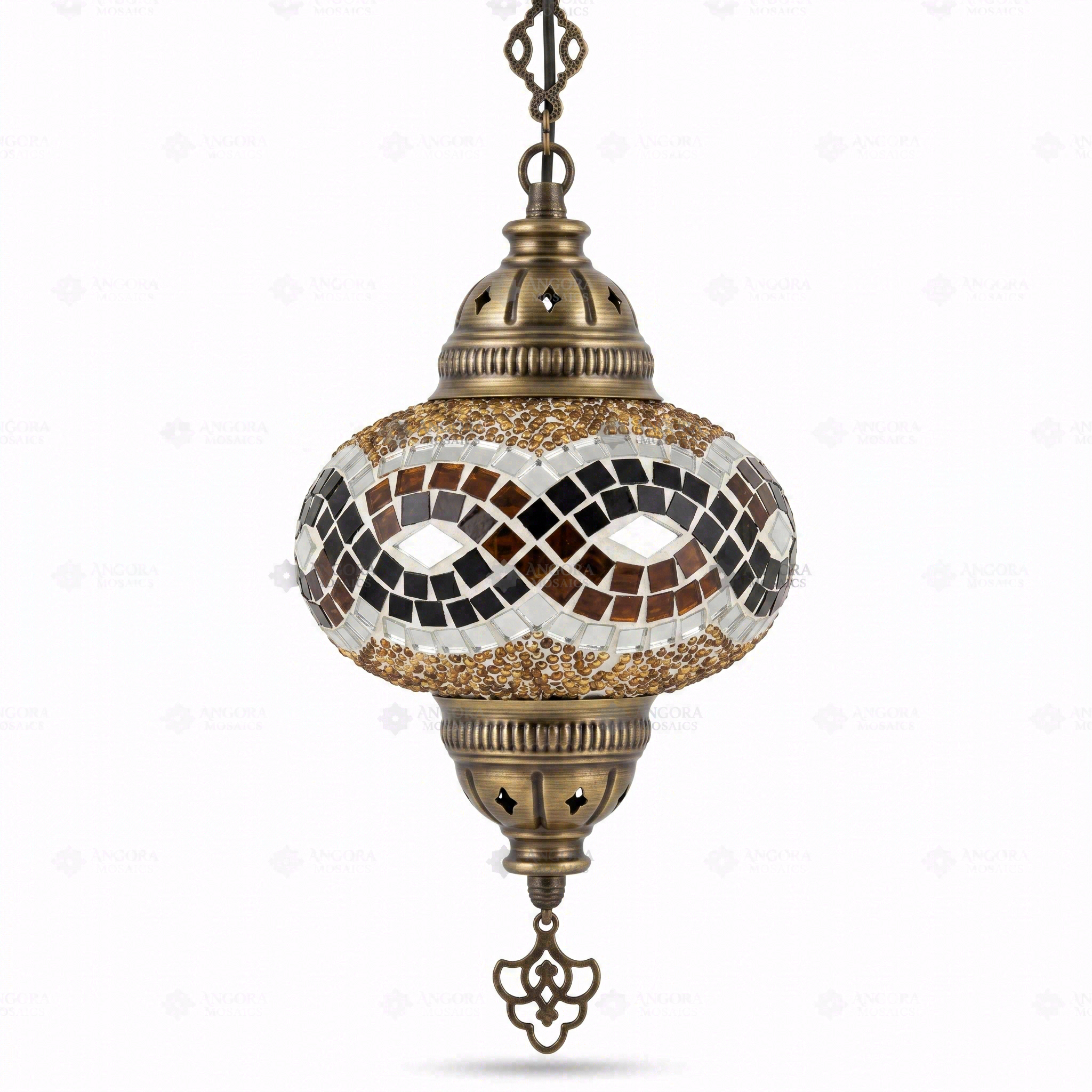 Full view of handmade Amber warm amber Turkish mosaic pendant light on white background (ENV DYN3064)