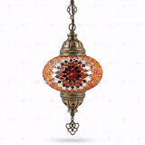 Full view of handmade Amber warm amber Turkish mosaic pendant light on white background (ENV DYN3065)