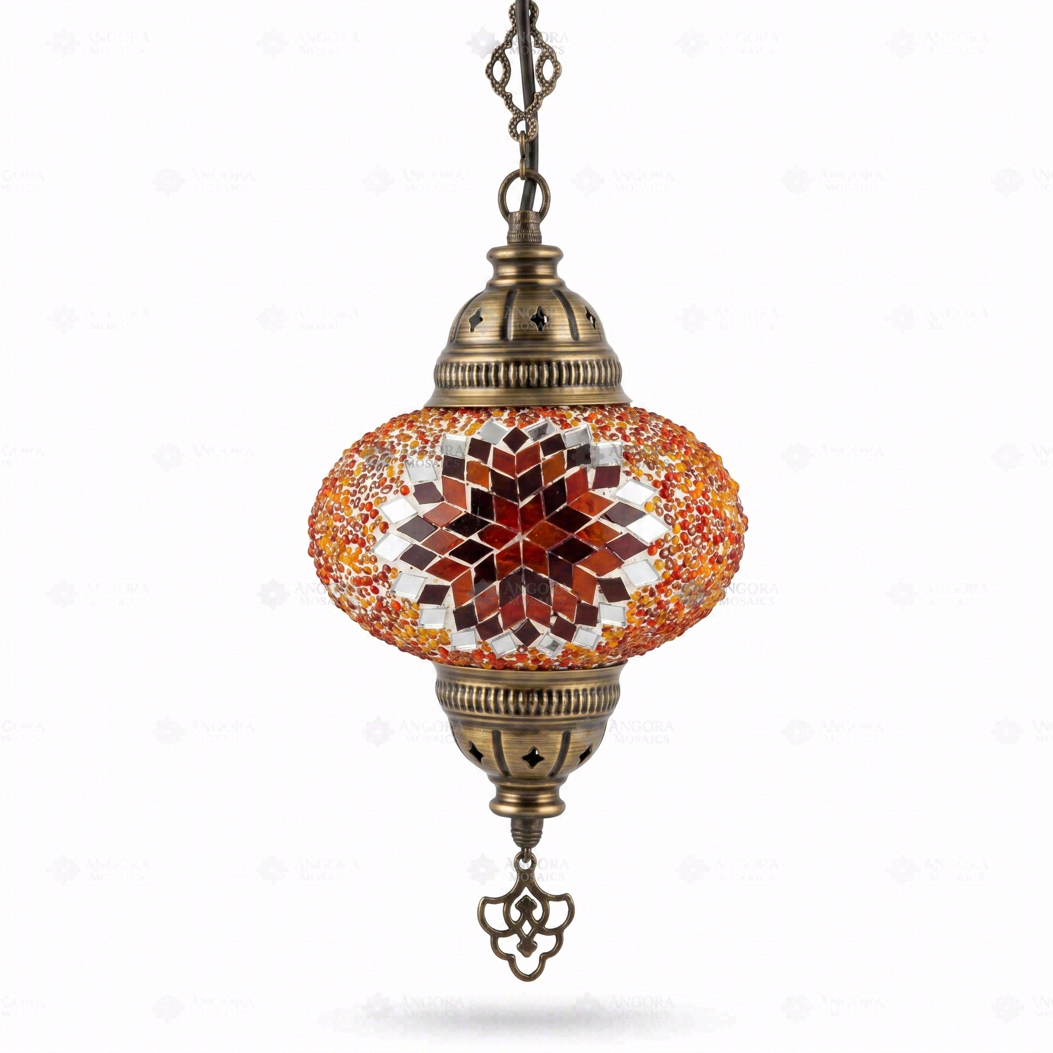 Full view of handmade Amber warm amber Turkish mosaic pendant light on white background (ENV DYN3065)