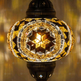 Lit close-up of mosaic glass globe — Amber pendant light glowing (ENV DYN3067)