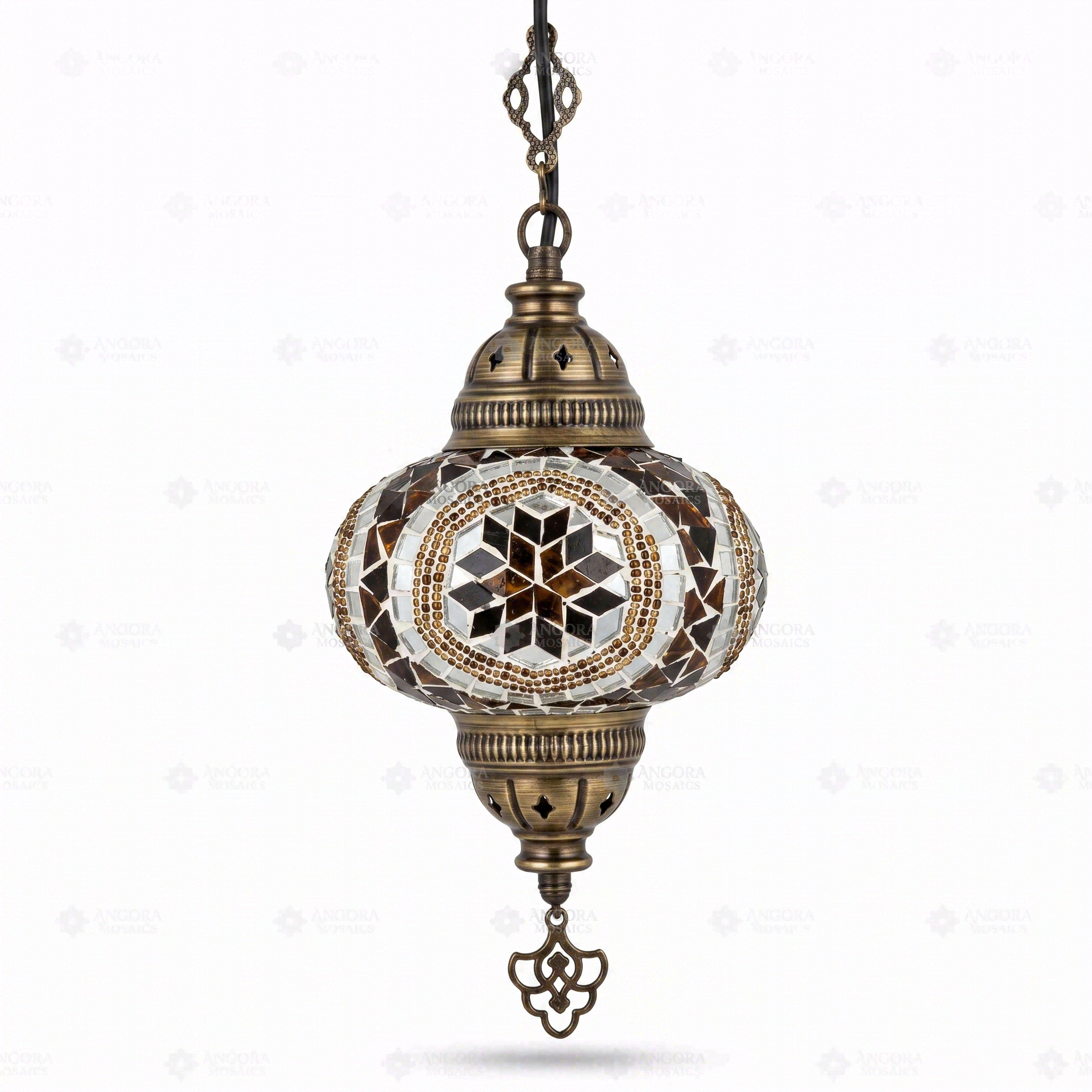 Full view of handmade Amber warm amber Turkish mosaic pendant light on white background (ENV DYN3067)