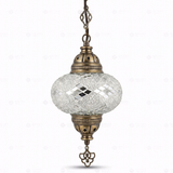 Full view of handmade White white glow Turkish mosaic pendant light on white background (ENV DYN3068)