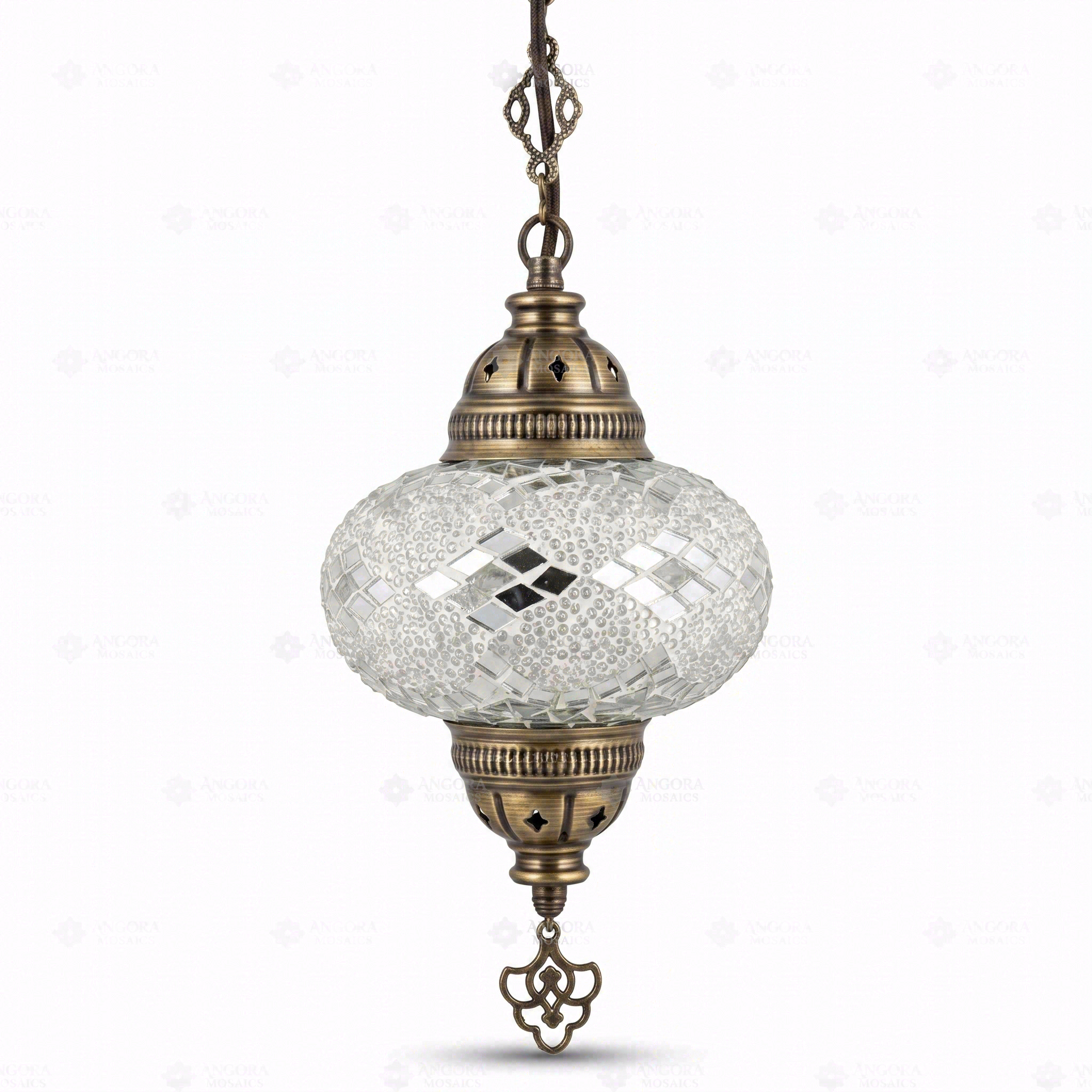 Full view of handmade White white glow Turkish mosaic pendant light on white background (ENV DYN3068)