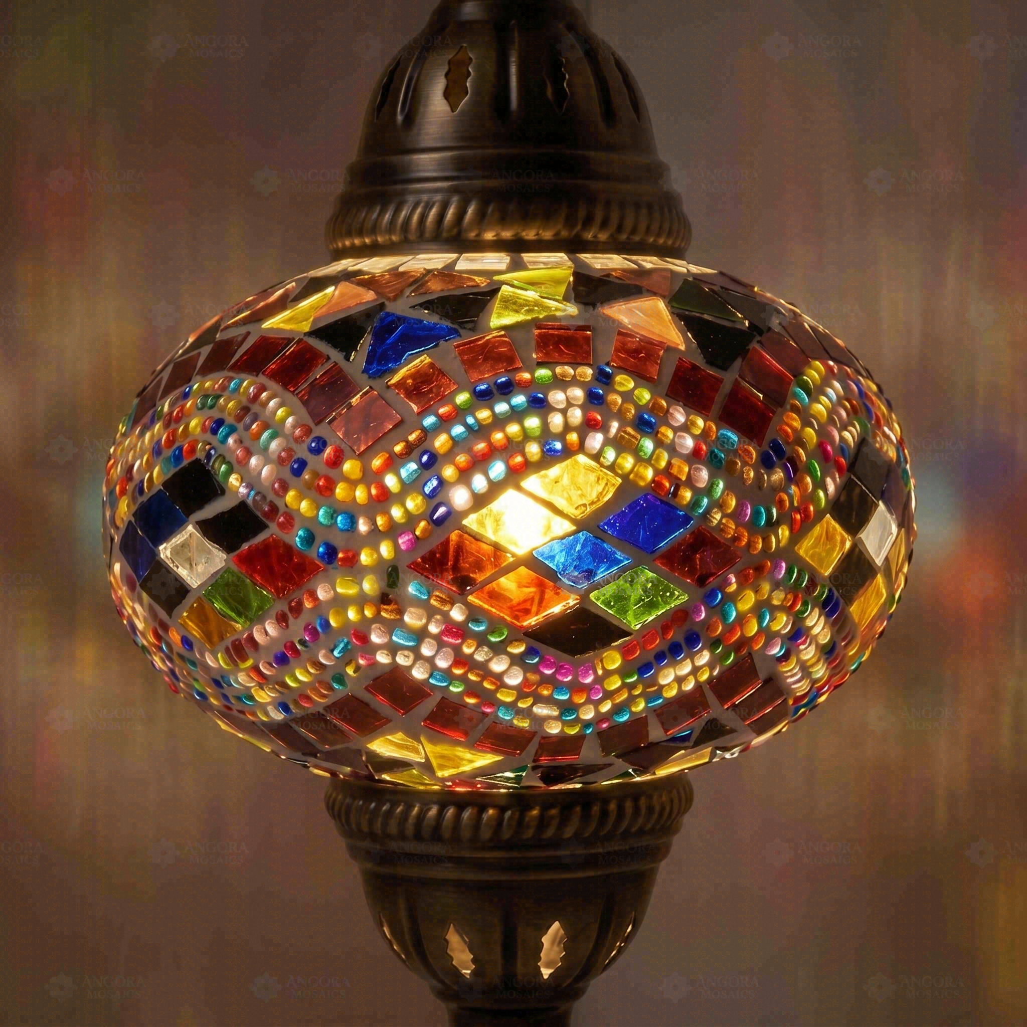 Lit close-up of mosaic glass globe — Multicolor pendant light glowing (ENV DYN3074)