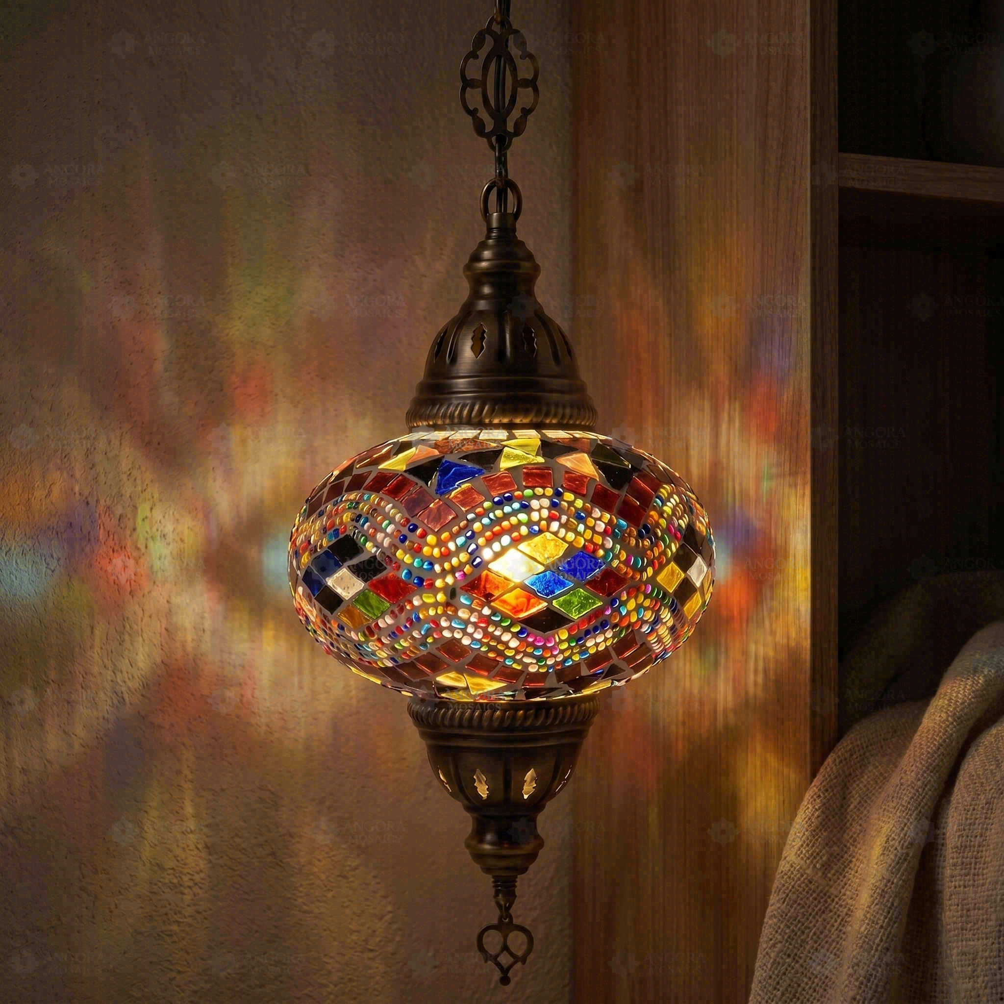 Multicolor multicolor jewel Turkish mosaic pendant light in styled room — handmade Moroccan pendant light (ENV DYN3074)