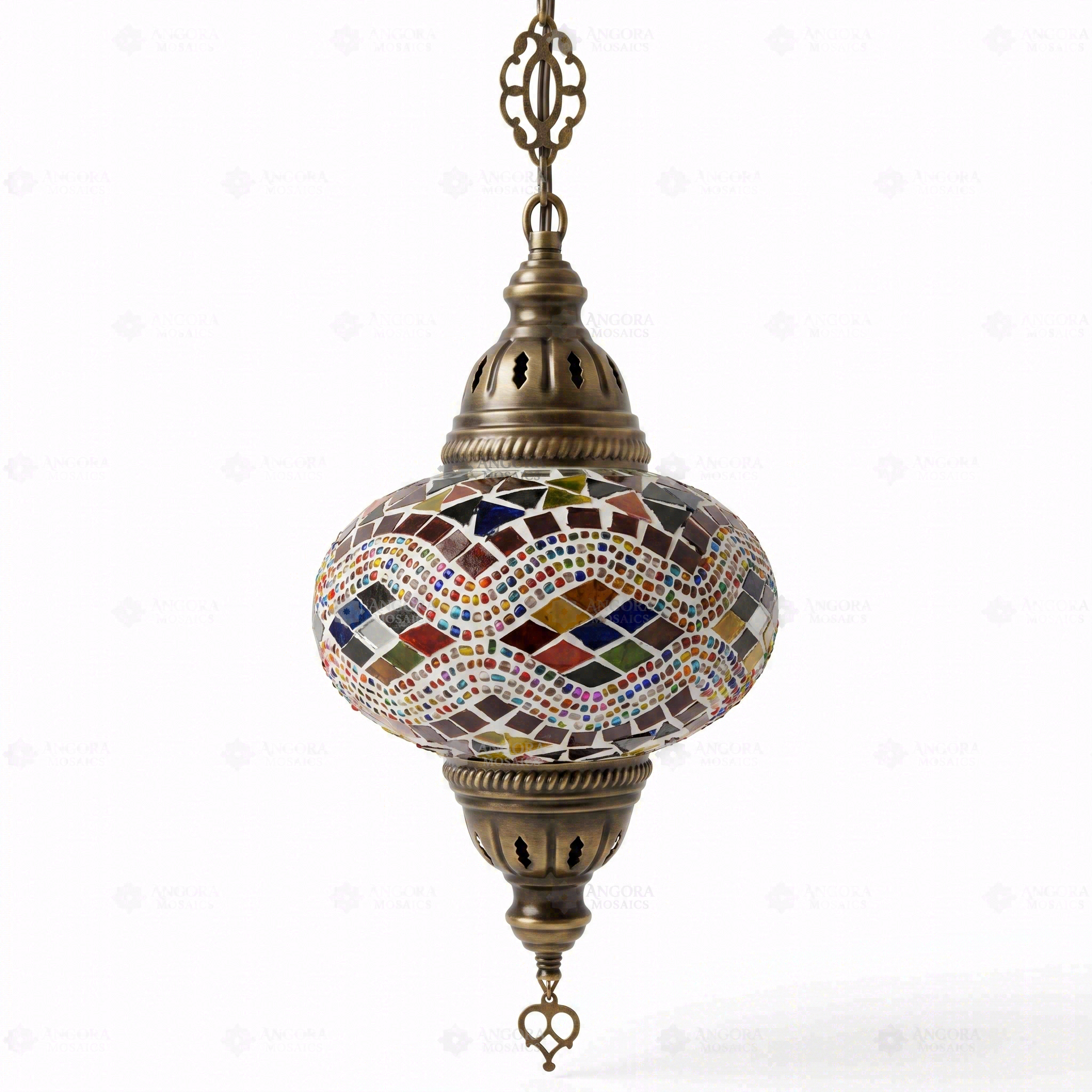 Full view of handmade Multicolor multicolor jewel Turkish mosaic pendant light on white background (ENV DYN3074)