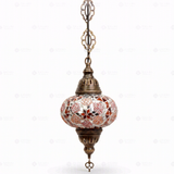 Full view of handmade Amber warm amber Turkish mosaic pendant light on white background (ENV DYN3079)