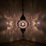 Purple Turkish mosaic pendant light illuminated, showing colorful light projection (ENV DYN3087)