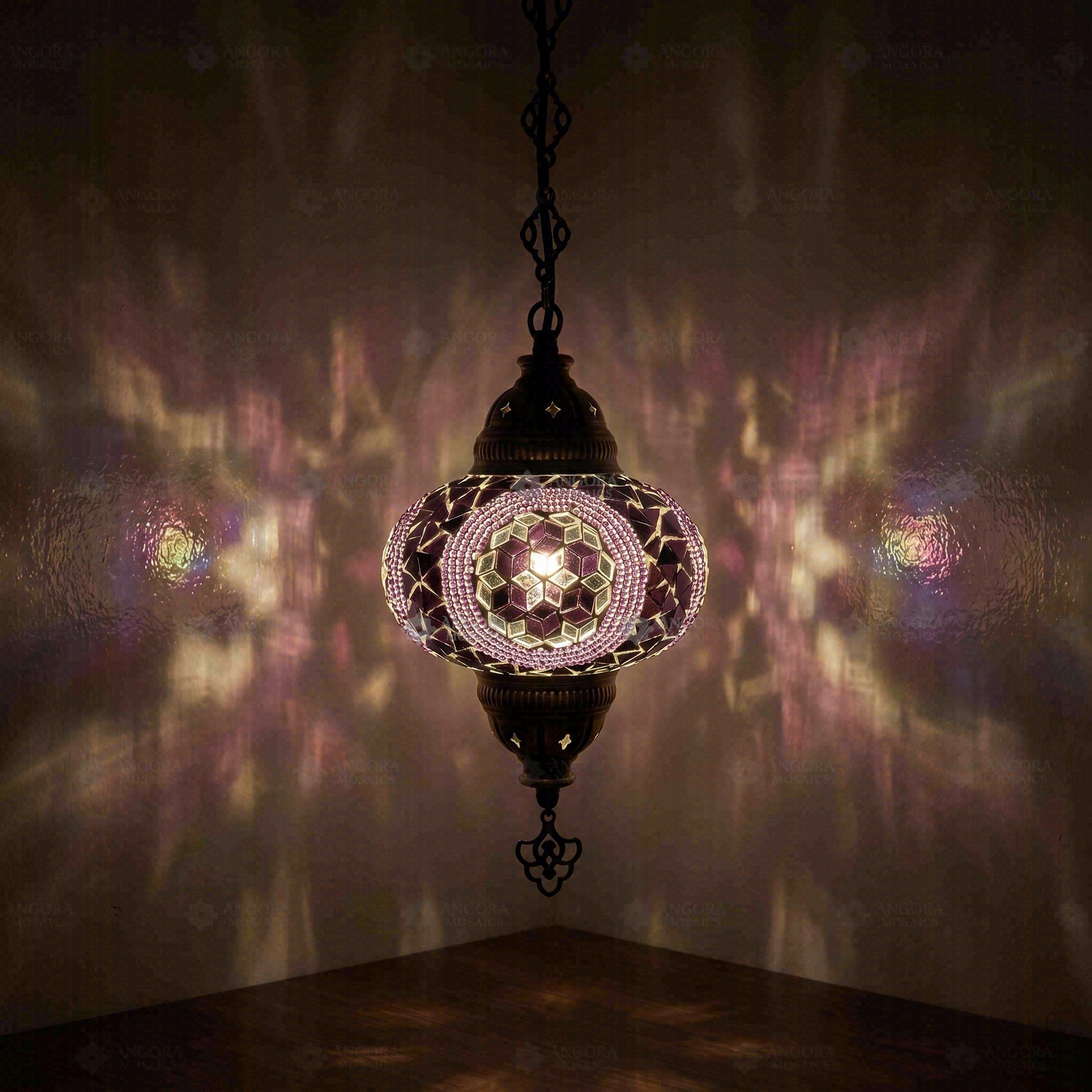 Purple Turkish mosaic pendant light illuminated, showing colorful light projection (ENV DYN3087)