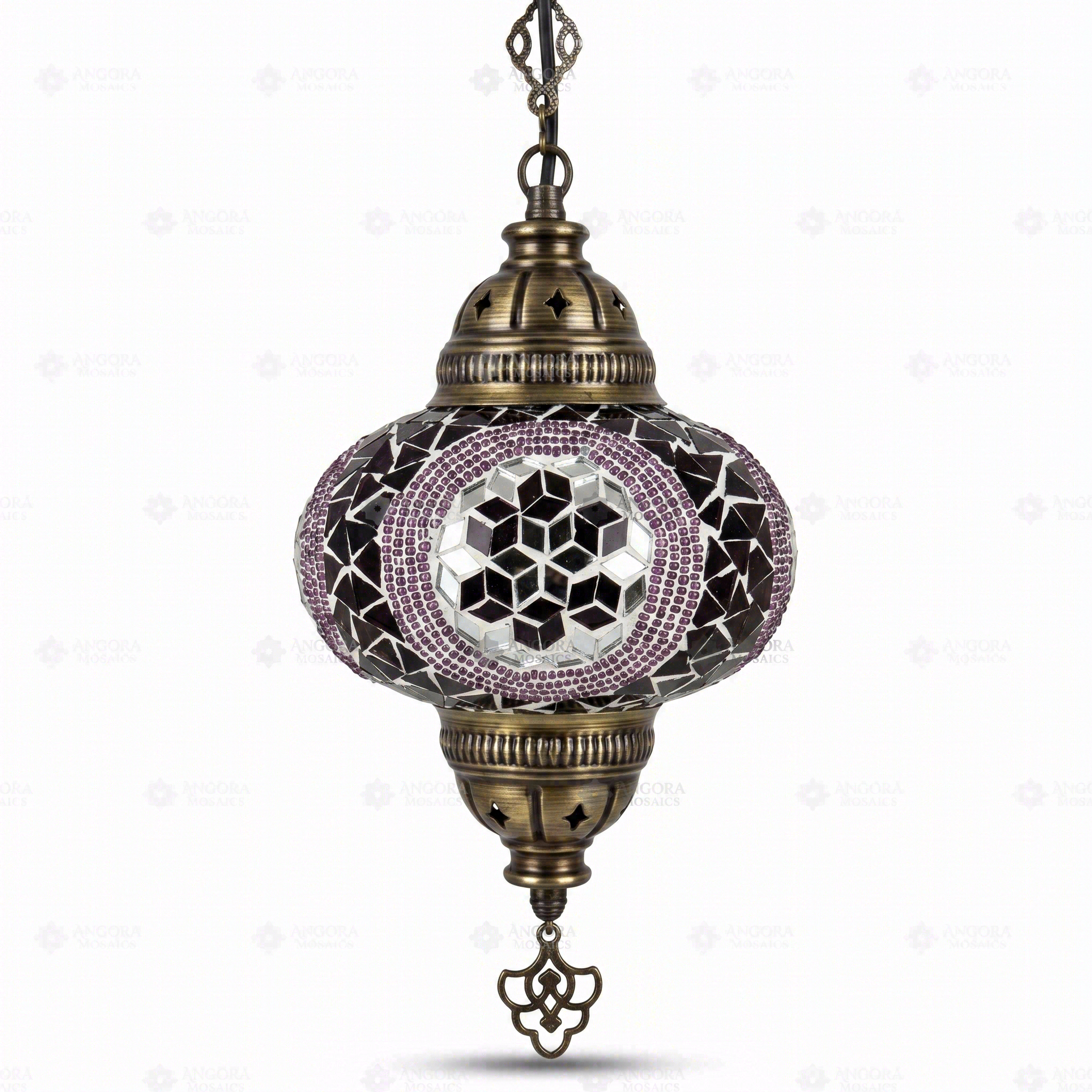 Full view of handmade Purple purple jewel Turkish mosaic pendant light on white background (ENV DYN3087)
