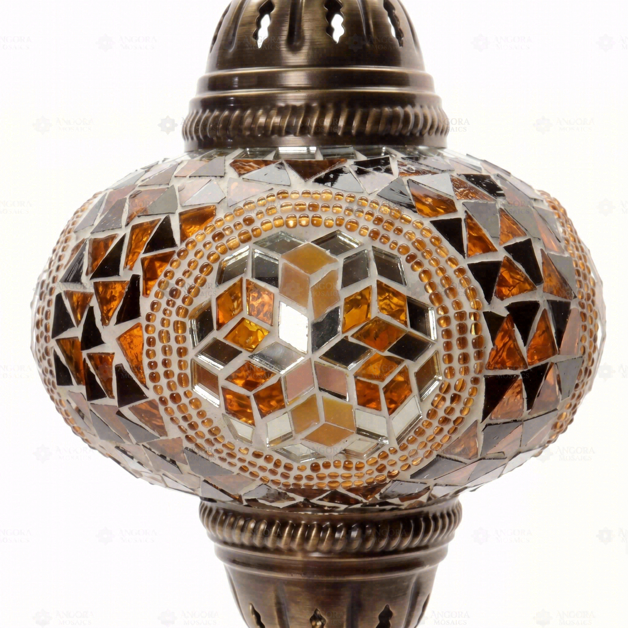 Close-up of Amber warm amber mosaic glass globe pattern — pendant light (ENV DYN3089)