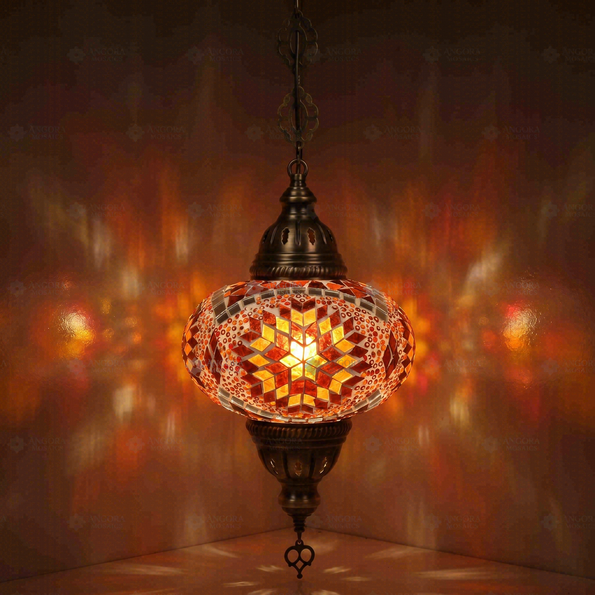 Amber Turkish mosaic pendant light illuminated, showing colorful light projection (ENV DYN3090)