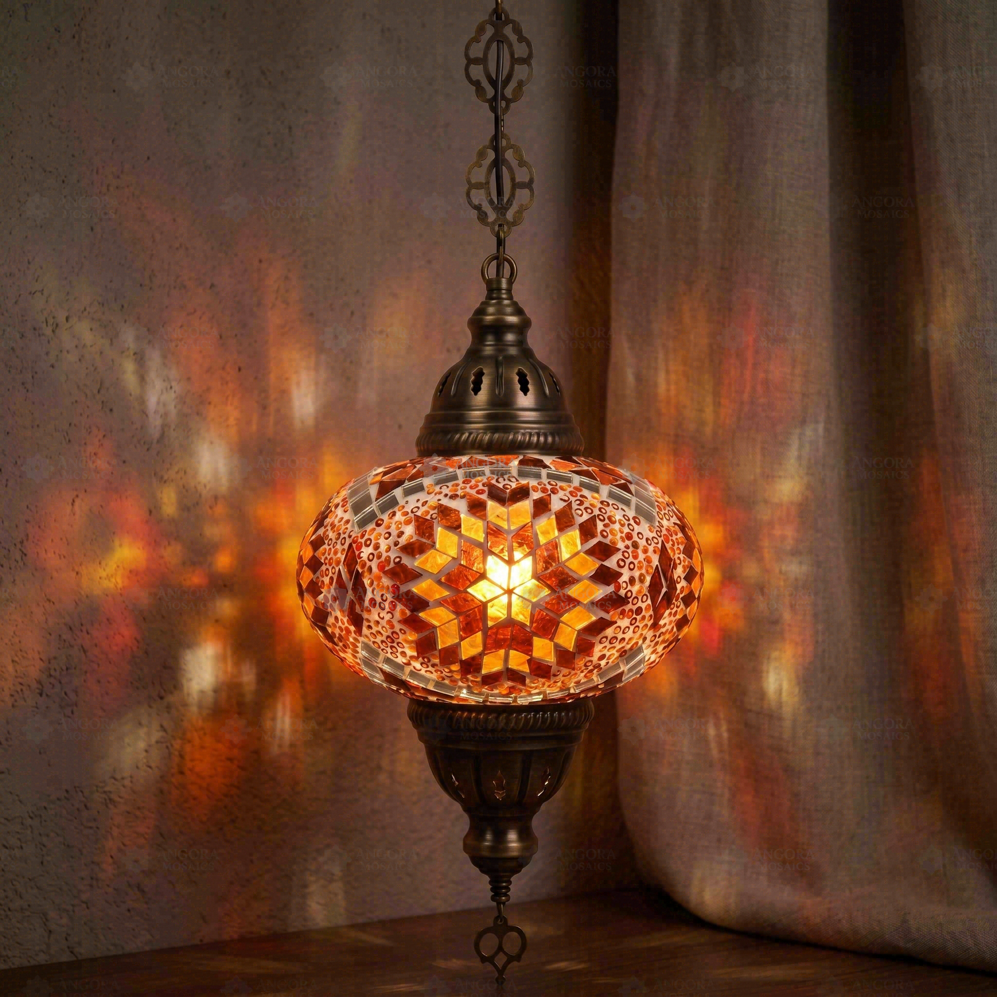 Amber warm amber Turkish mosaic pendant light in styled room — handmade Moroccan pendant light (ENV DYN3090)