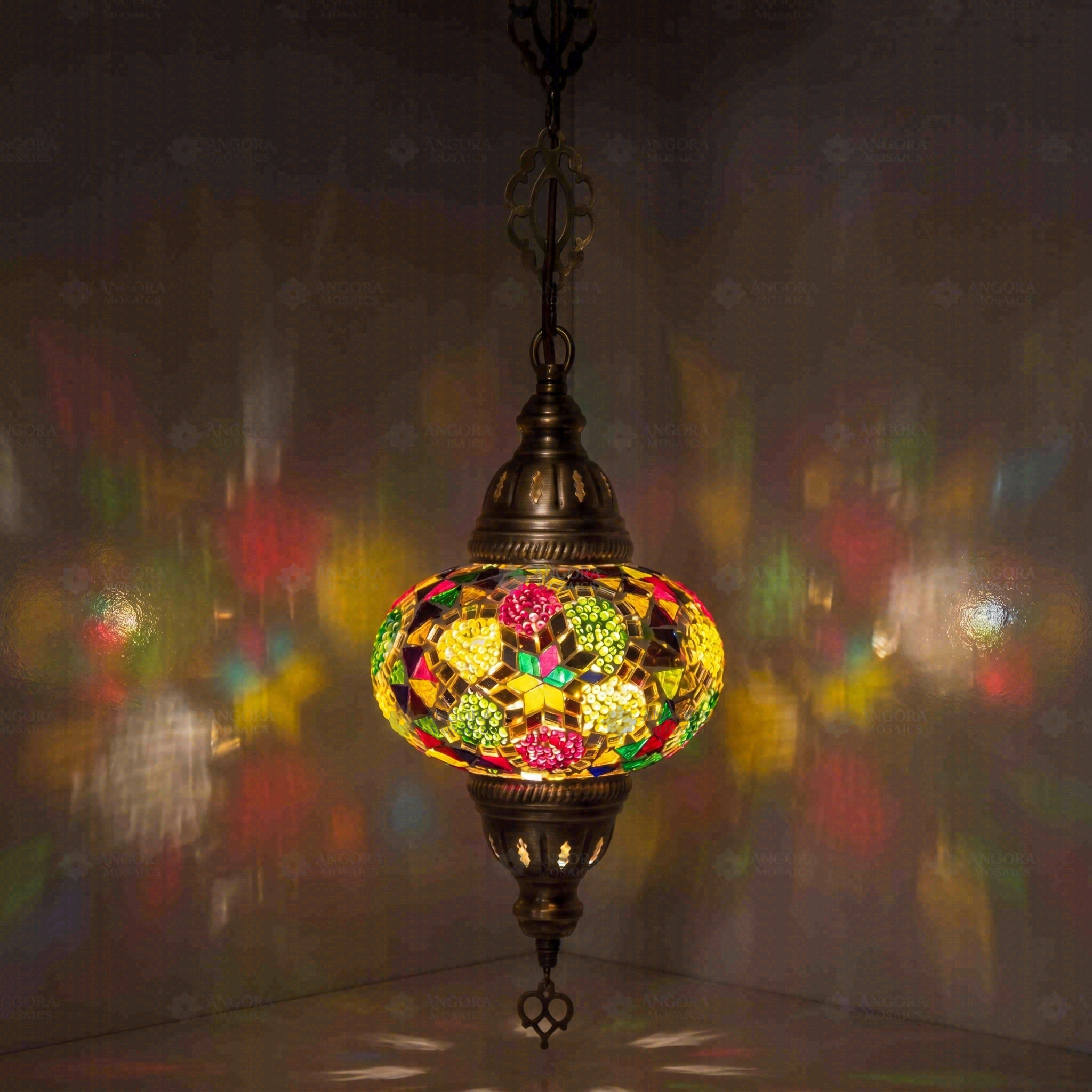 Multicolor Turkish mosaic pendant light illuminated, showing colorful light projection (ENV DYN3091)