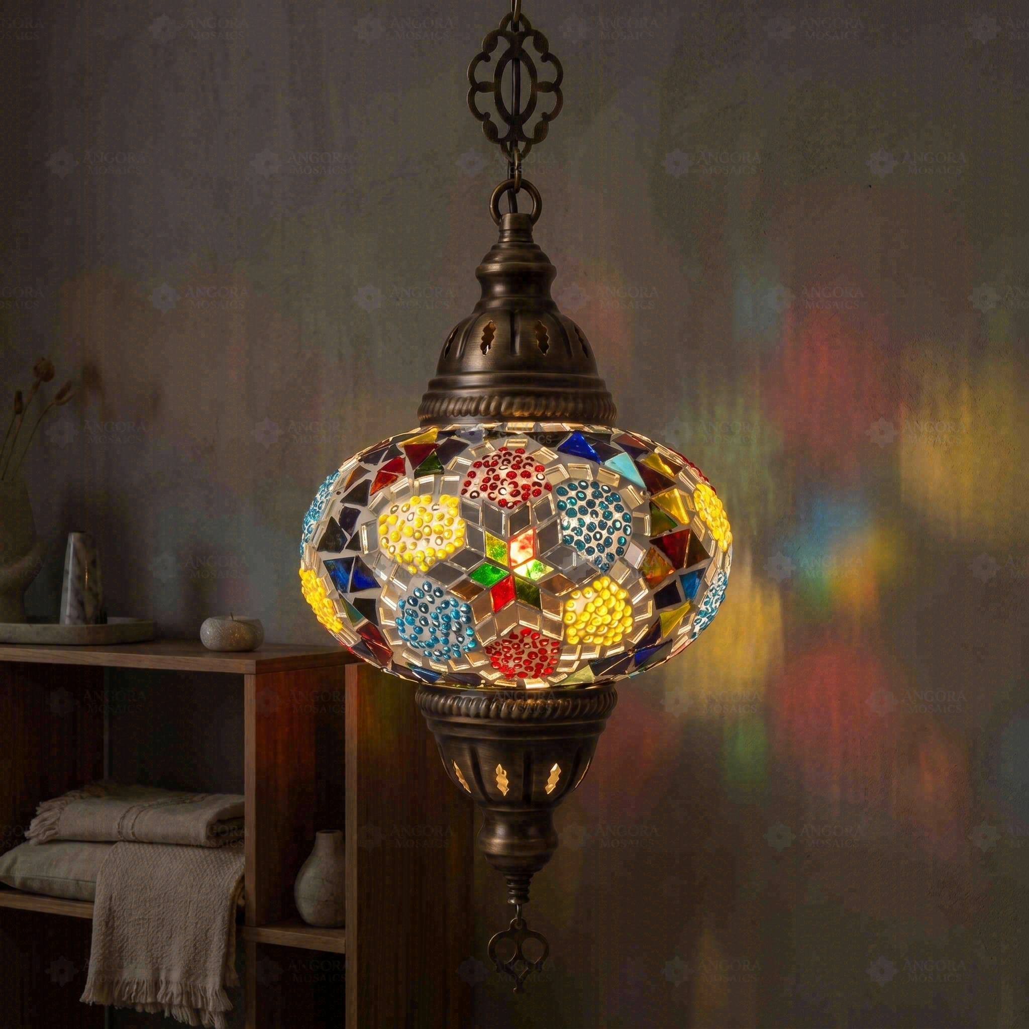 Multicolor multicolor jewel Turkish mosaic pendant light in styled room — handmade Moroccan pendant light (ENV DYN3091)