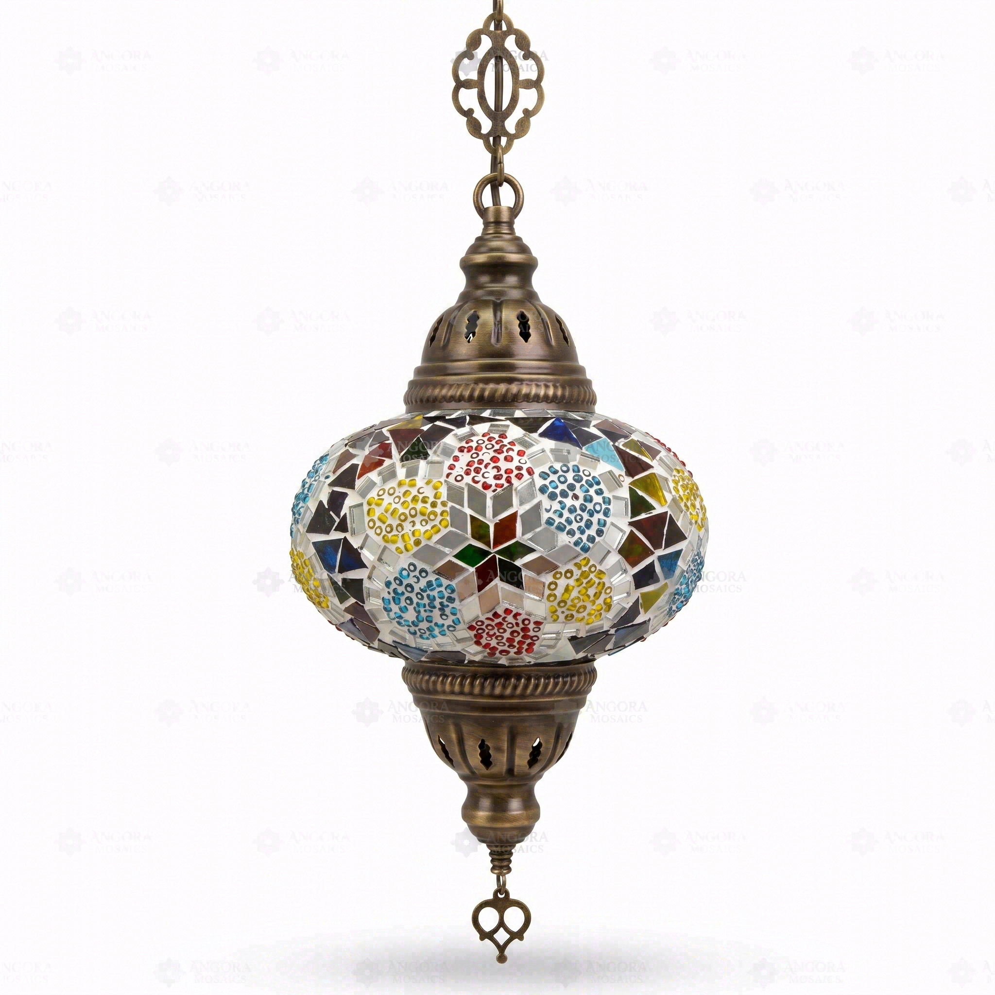 Full view of handmade Multicolor multicolor jewel Turkish mosaic pendant light on white background (ENV DYN3091)
