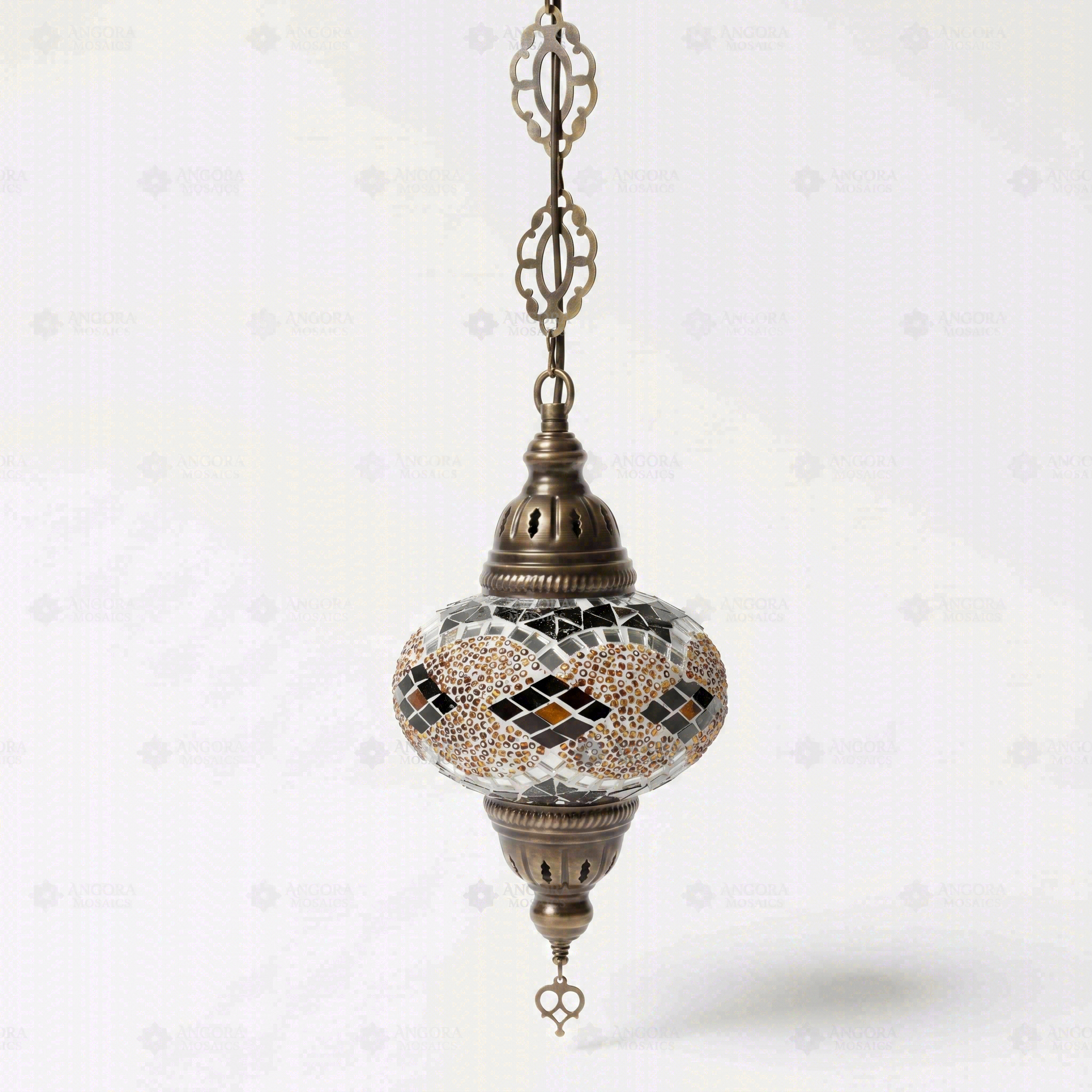 Full view of handmade Amber warm amber Turkish mosaic pendant light on white background (ENV DYN3092)
