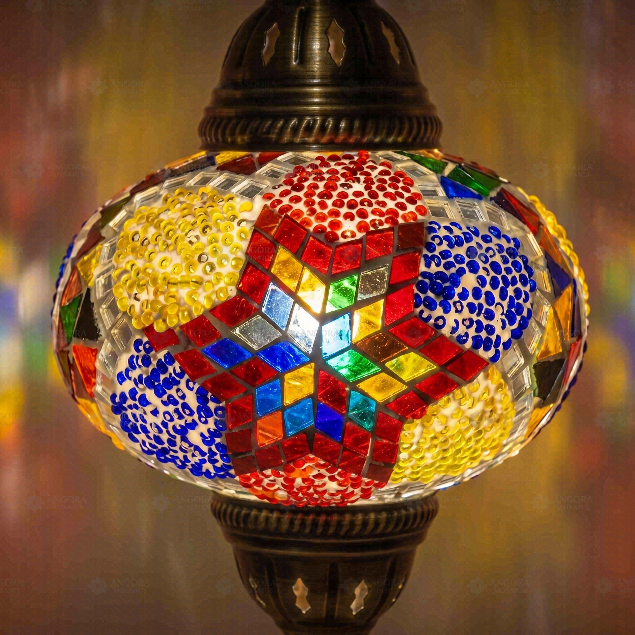 Lit close-up of mosaic glass globe — Multicolor pendant light glowing (ENV DYN3093)