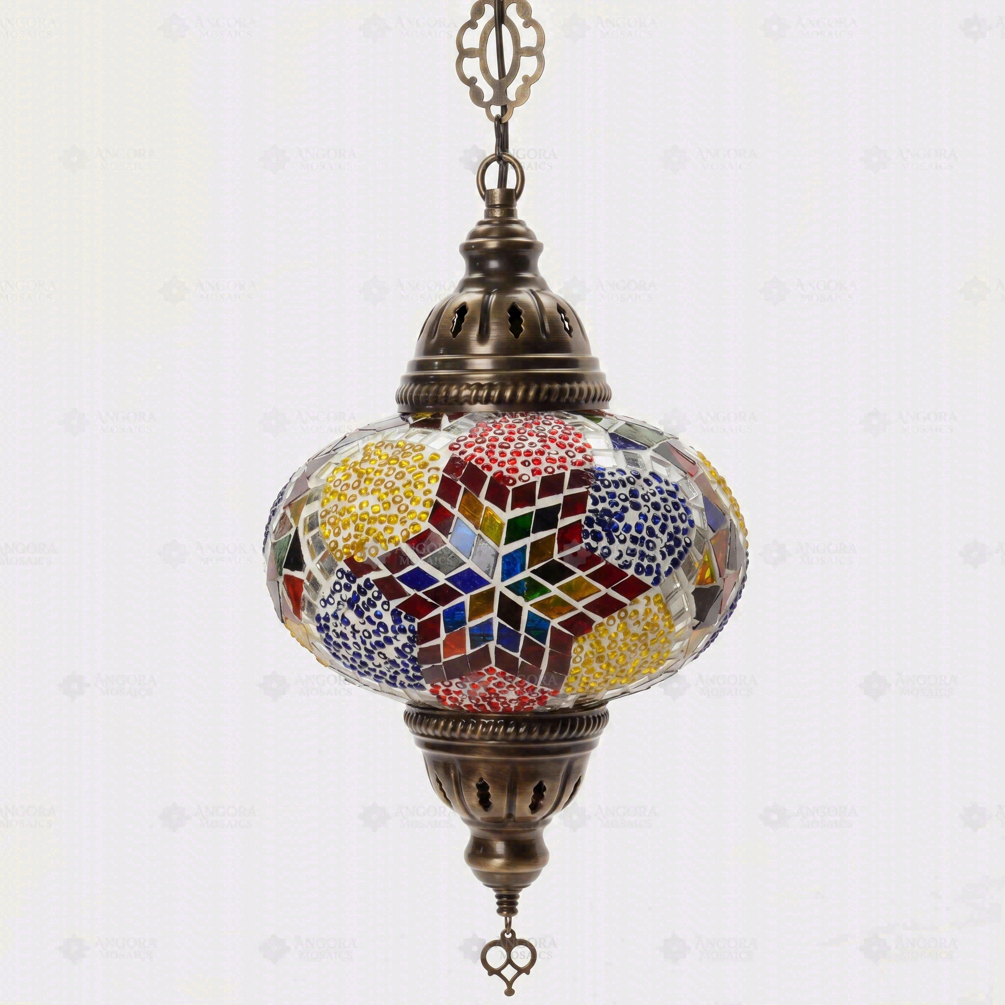 Full view of handmade Multicolor multicolor jewel Turkish mosaic pendant light on white background (ENV DYN3093)