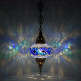 Blue Turkish mosaic pendant light illuminated, showing colorful light projection (ENV DYN3094)