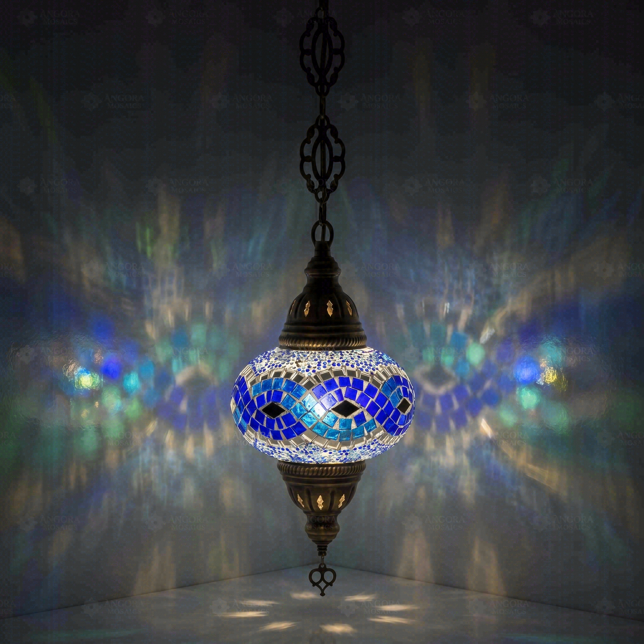 Blue Turkish mosaic pendant light illuminated, showing colorful light projection (ENV DYN3094)