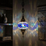 Blue blue jewel Turkish mosaic pendant light in styled room — handmade Moroccan pendant light (ENV DYN3094)