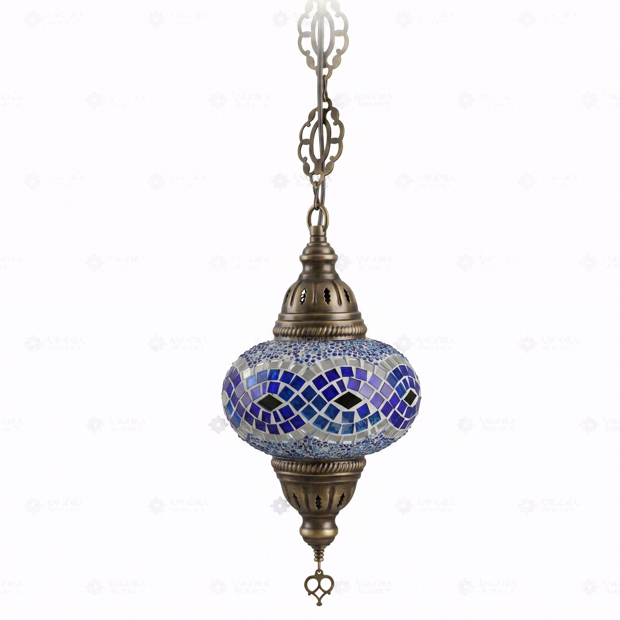 Full view of handmade Blue blue jewel Turkish mosaic pendant light on white background (ENV DYN3094)
