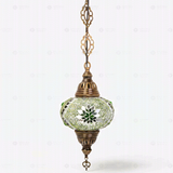 Full view of handmade Green green jewel Turkish mosaic pendant light on white background (ENV DYN3096)