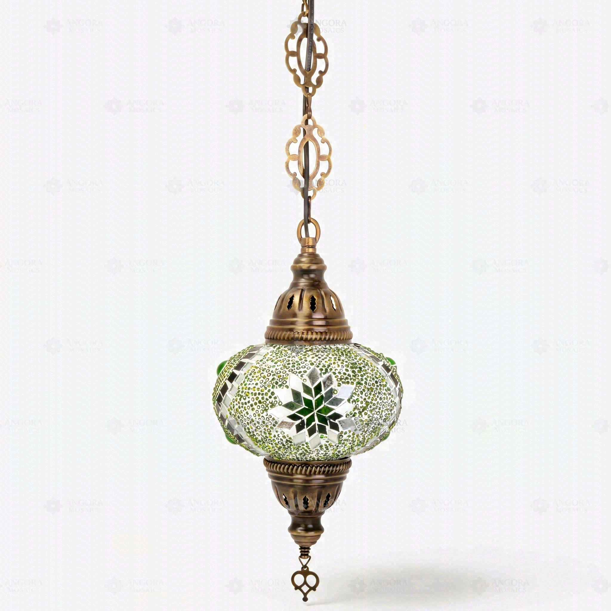 Full view of handmade Green green jewel Turkish mosaic pendant light on white background (ENV DYN3096)