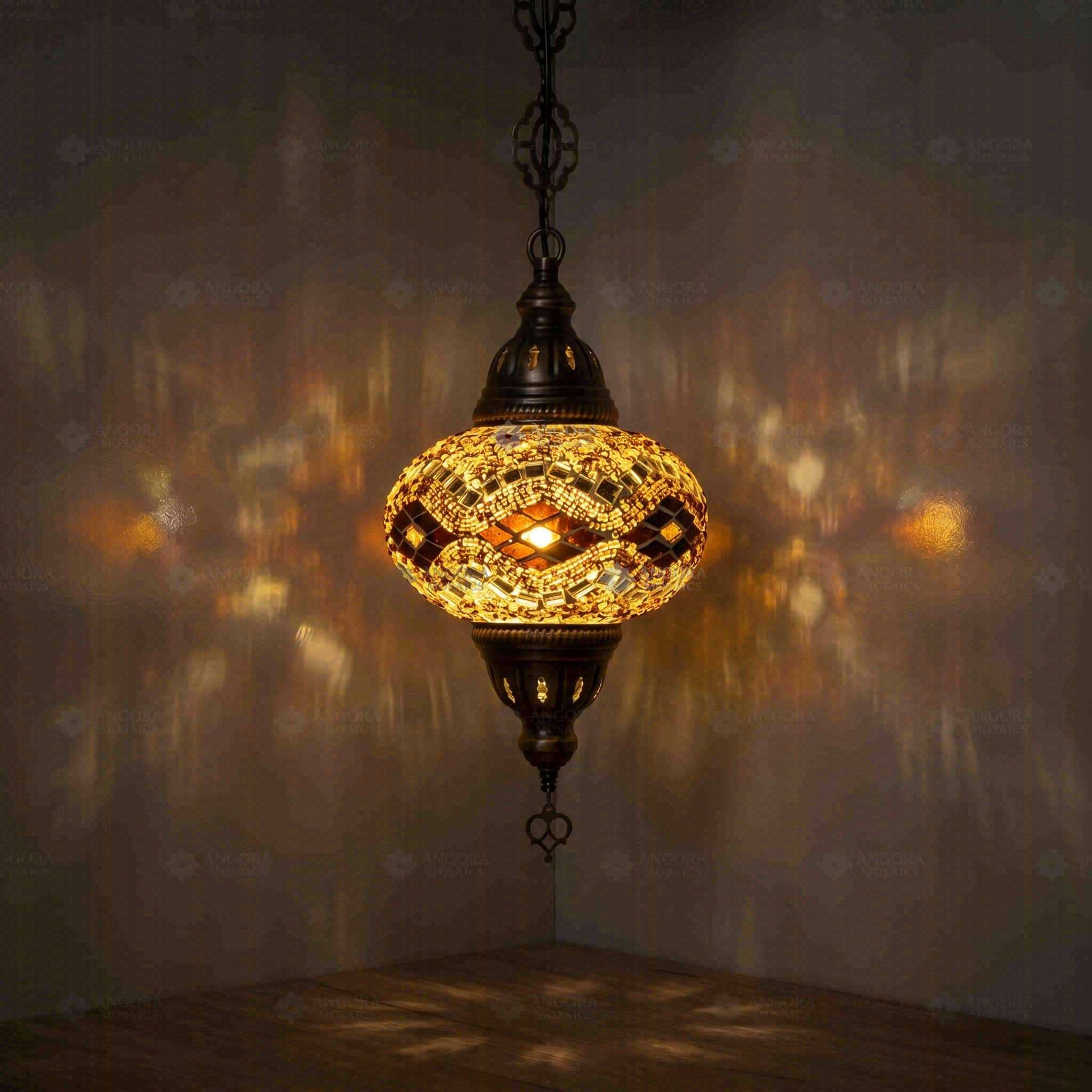 Amber Turkish mosaic pendant light illuminated, showing colorful light projection (ENV DYN3097)
