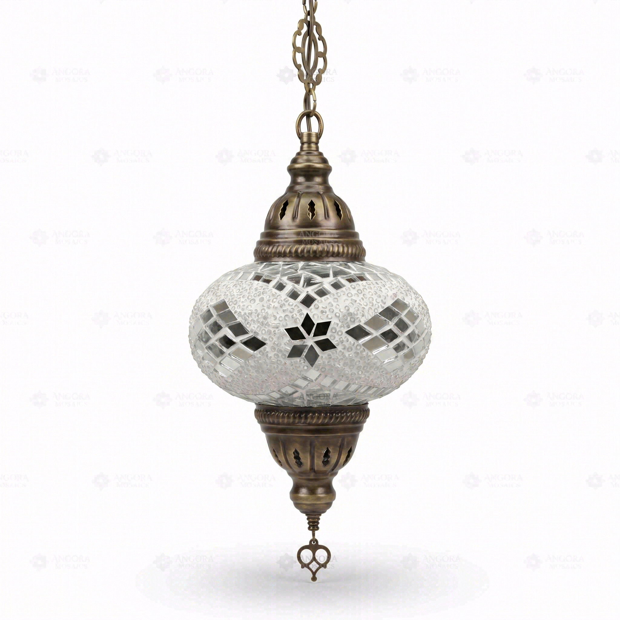 Full view of handmade White white glow Turkish mosaic pendant light on white background (ENV DYN3098)