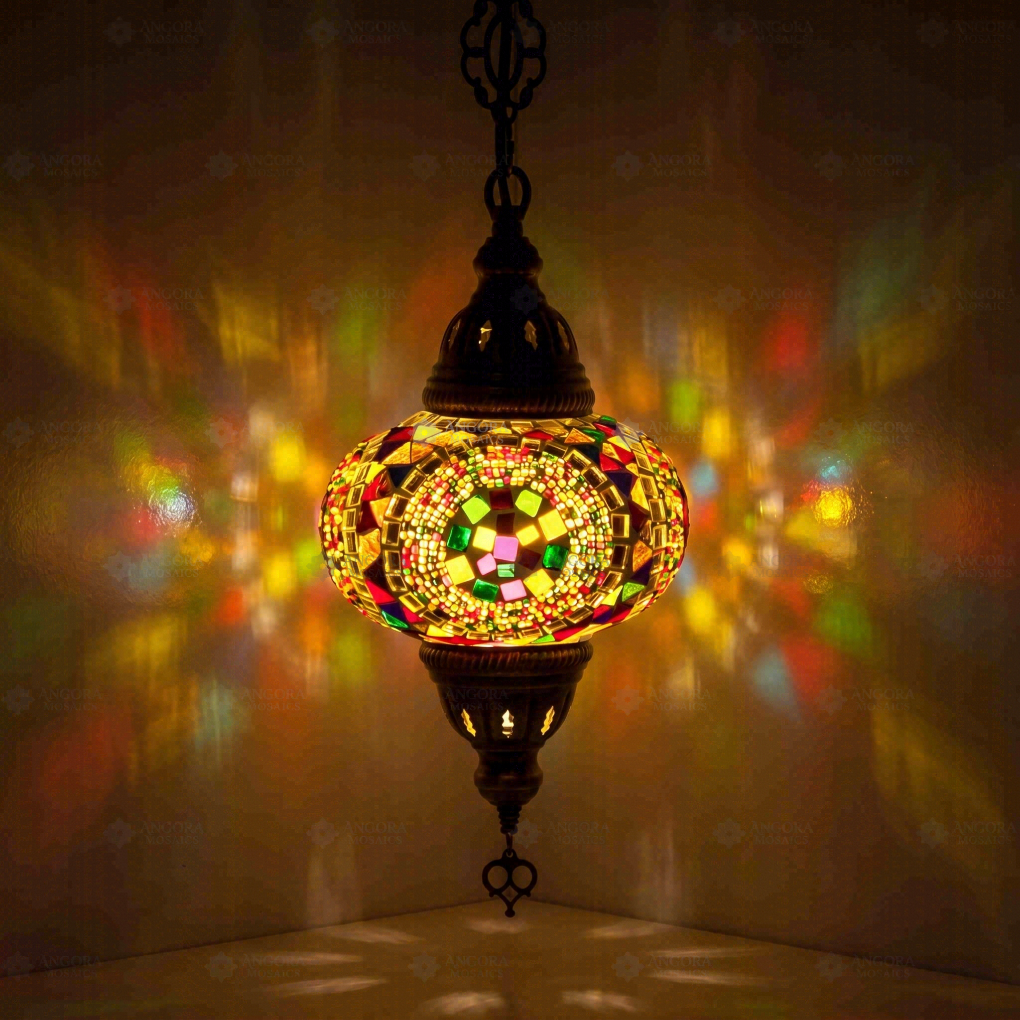 Multicolor Turkish mosaic pendant light illuminated, showing colorful light projection (ENV DYN3099)