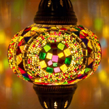 Lit close-up of mosaic glass globe — Multicolor pendant light glowing (ENV DYN3099)