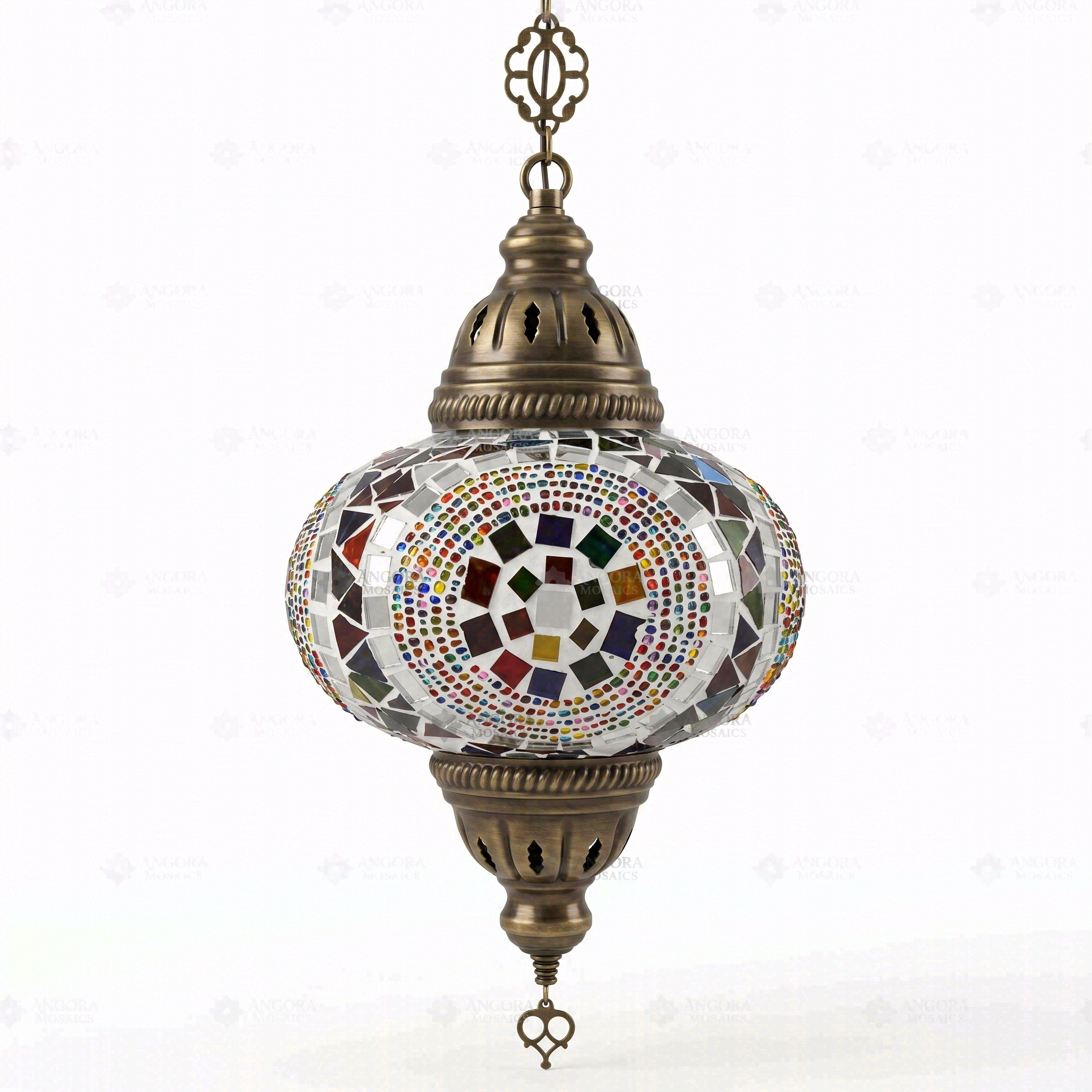 Full view of handmade Multicolor multicolor jewel Turkish mosaic pendant light on white background (ENV DYN3099)