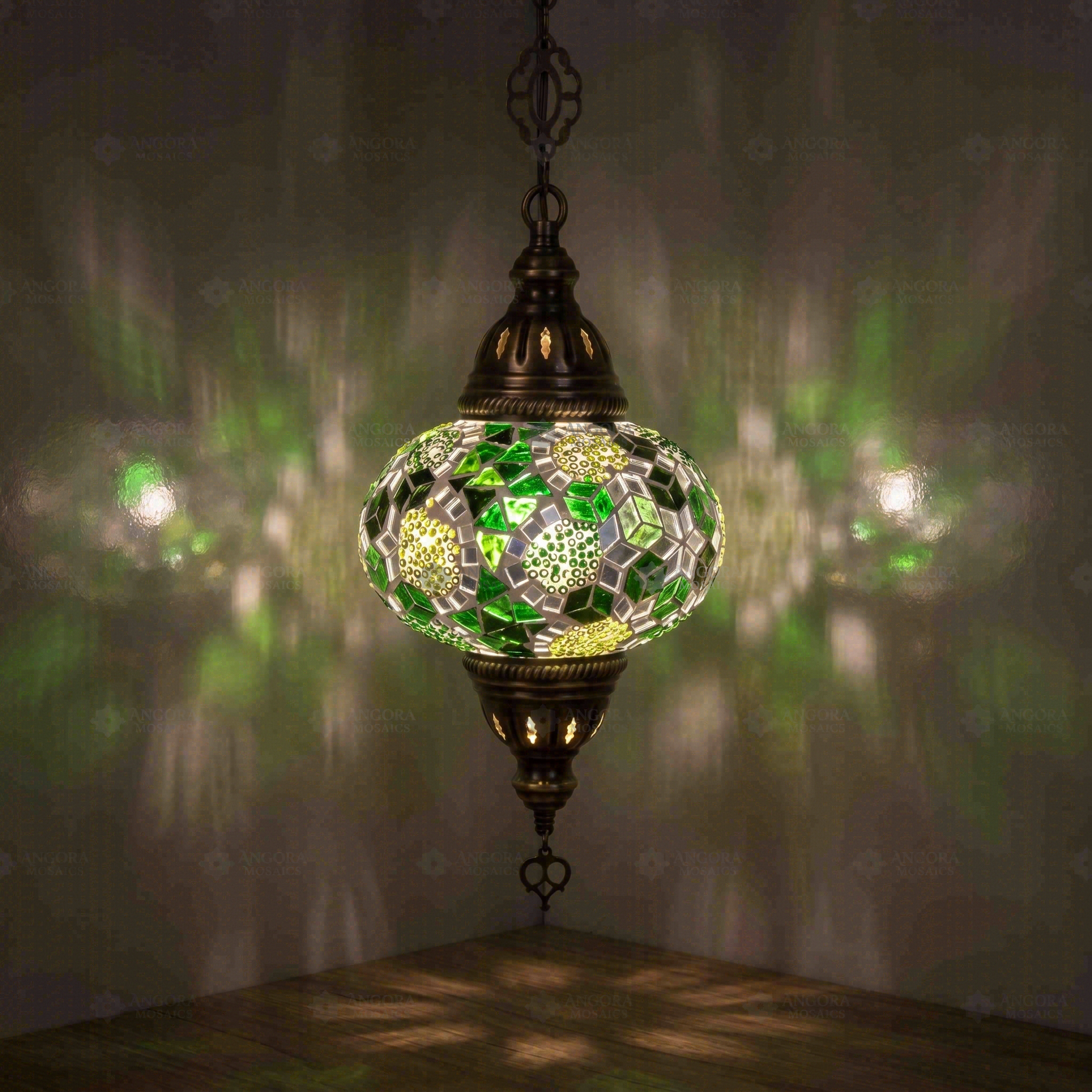 Green Turkish mosaic pendant light illuminated, showing colorful light projection (ENV DYN3100)