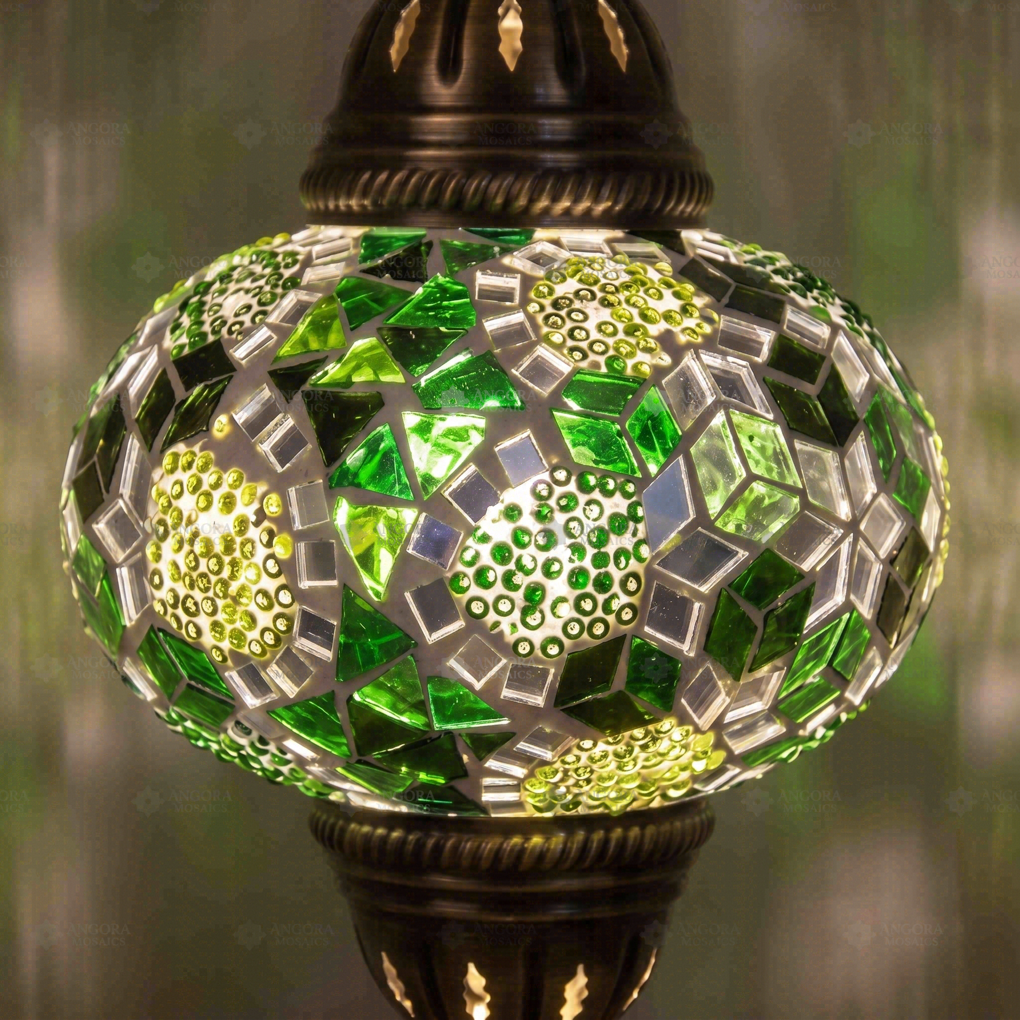 Lit close-up of mosaic glass globe — Green pendant light glowing (ENV DYN3100)