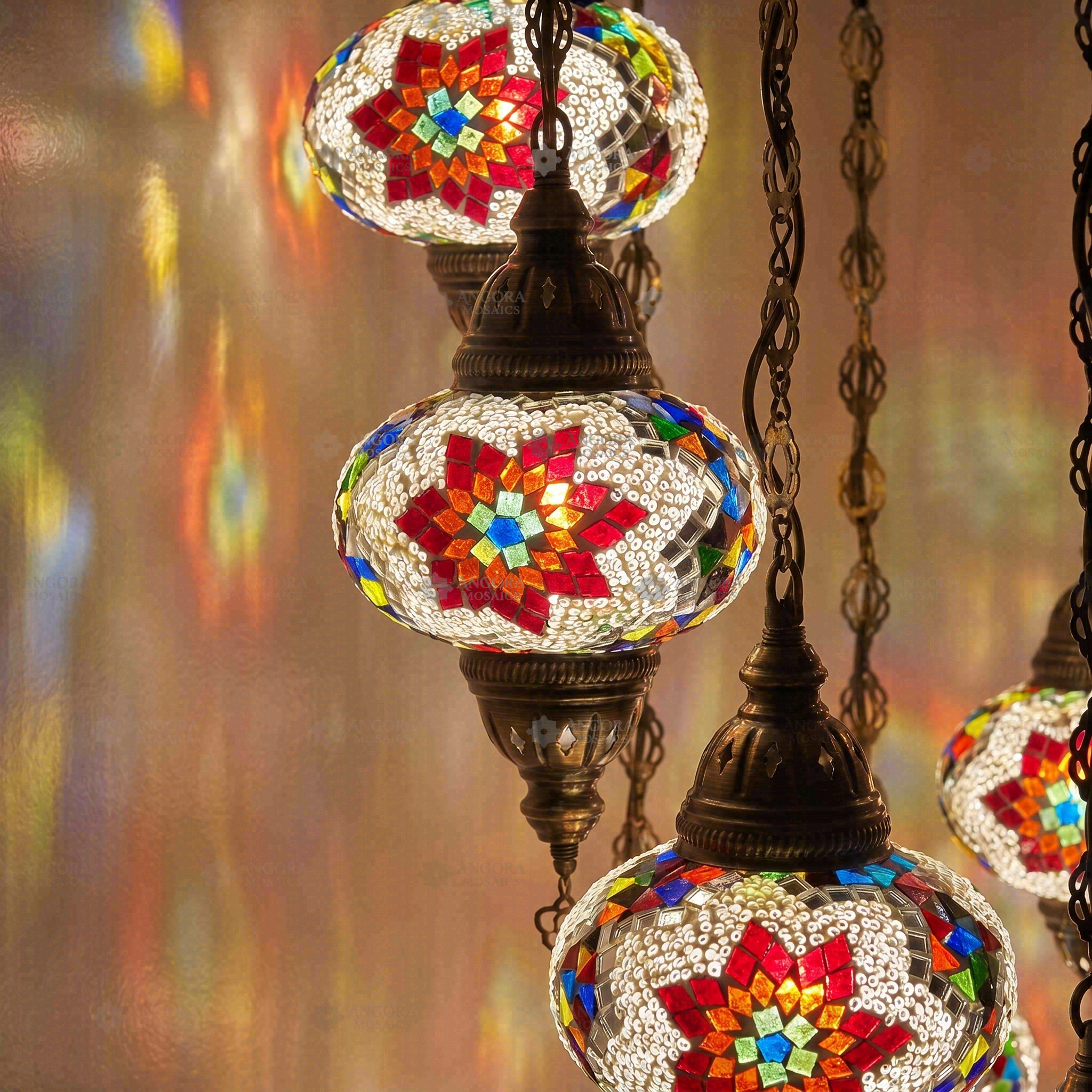 Lit close-up of mosaic glass globe — Multicolor chandelier glowing (ENV HLZ10N3 (3007))