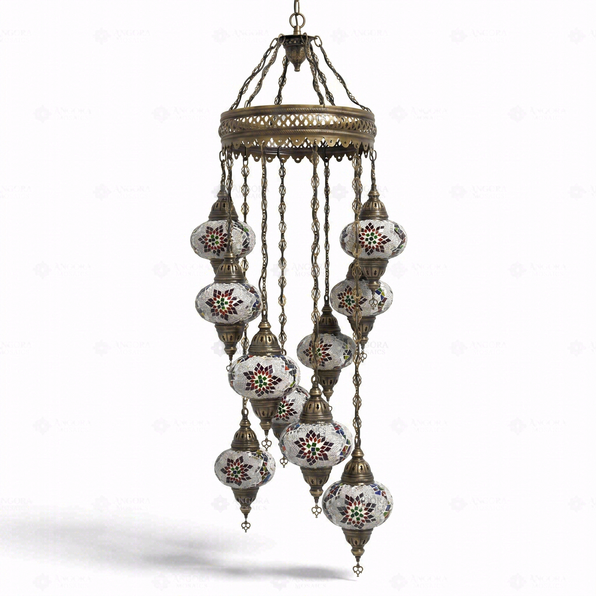 Full view of handmade Multicolor multicolor jewel Turkish mosaic chandelier on white background (ENV HLZ10N3 (3007))