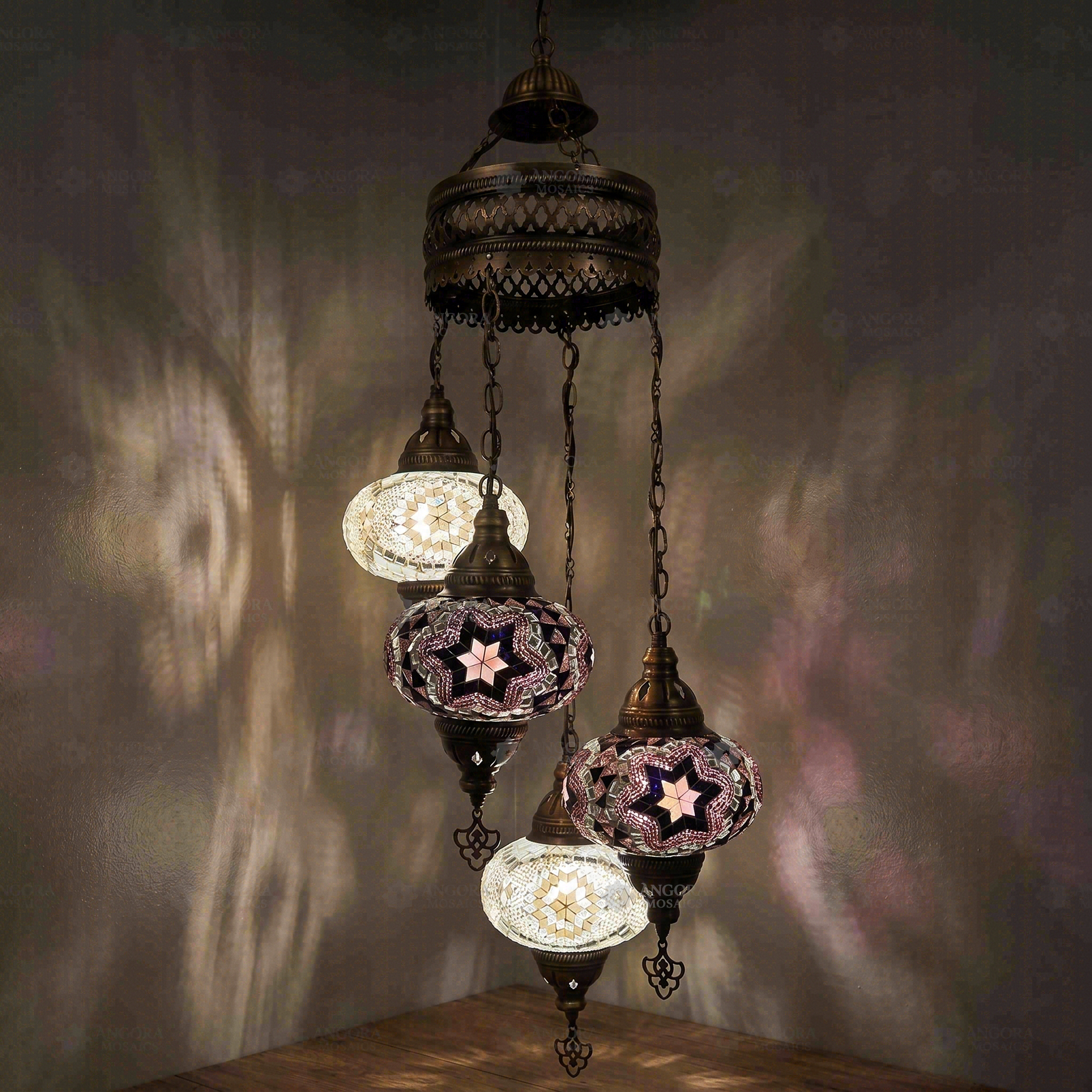 Cool Tones Turkish mosaic chandelier illuminated, showing colorful light projection (ENV HLZ4N3 (3019X2-3043X2))