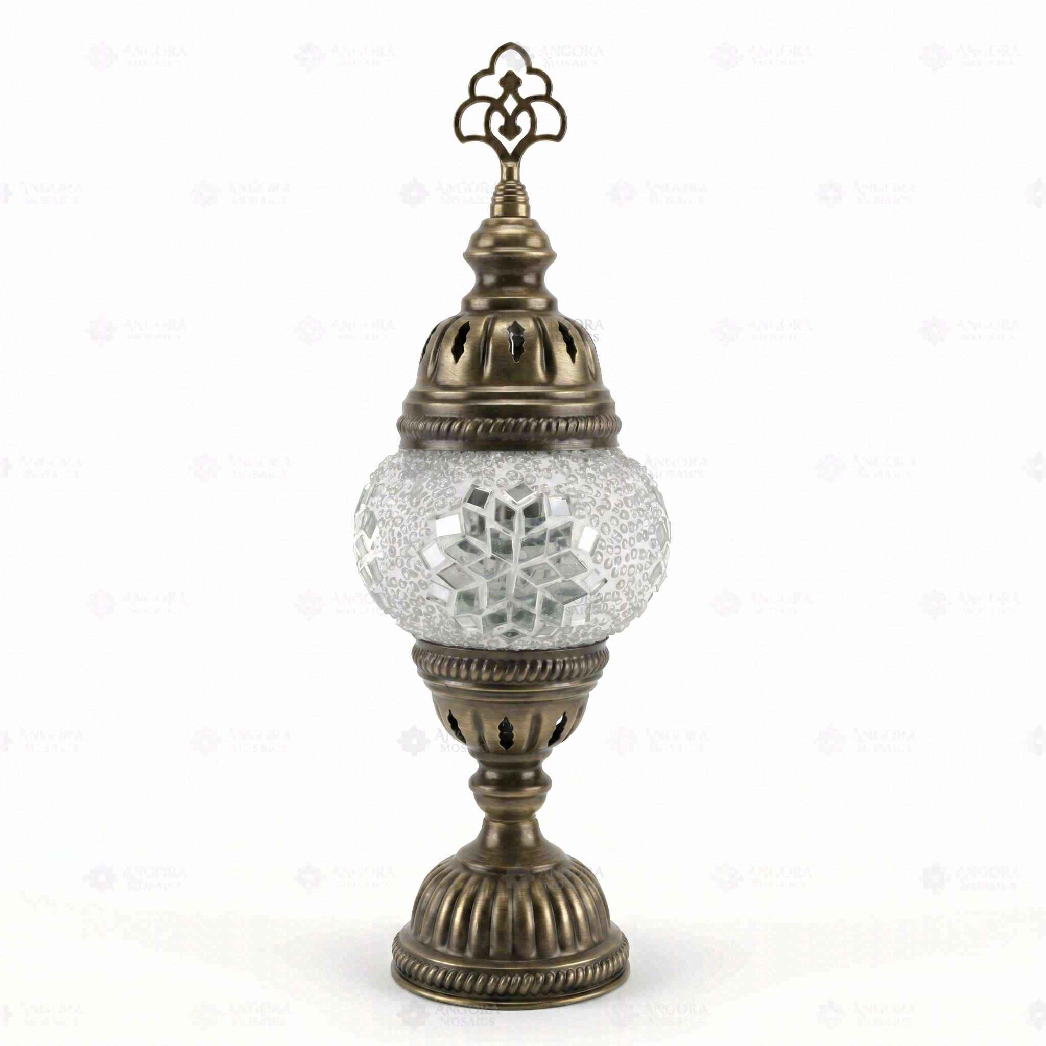 Full view of handmade White white glow Turkish mosaic table lamp on white background (ENV MUN1001)
