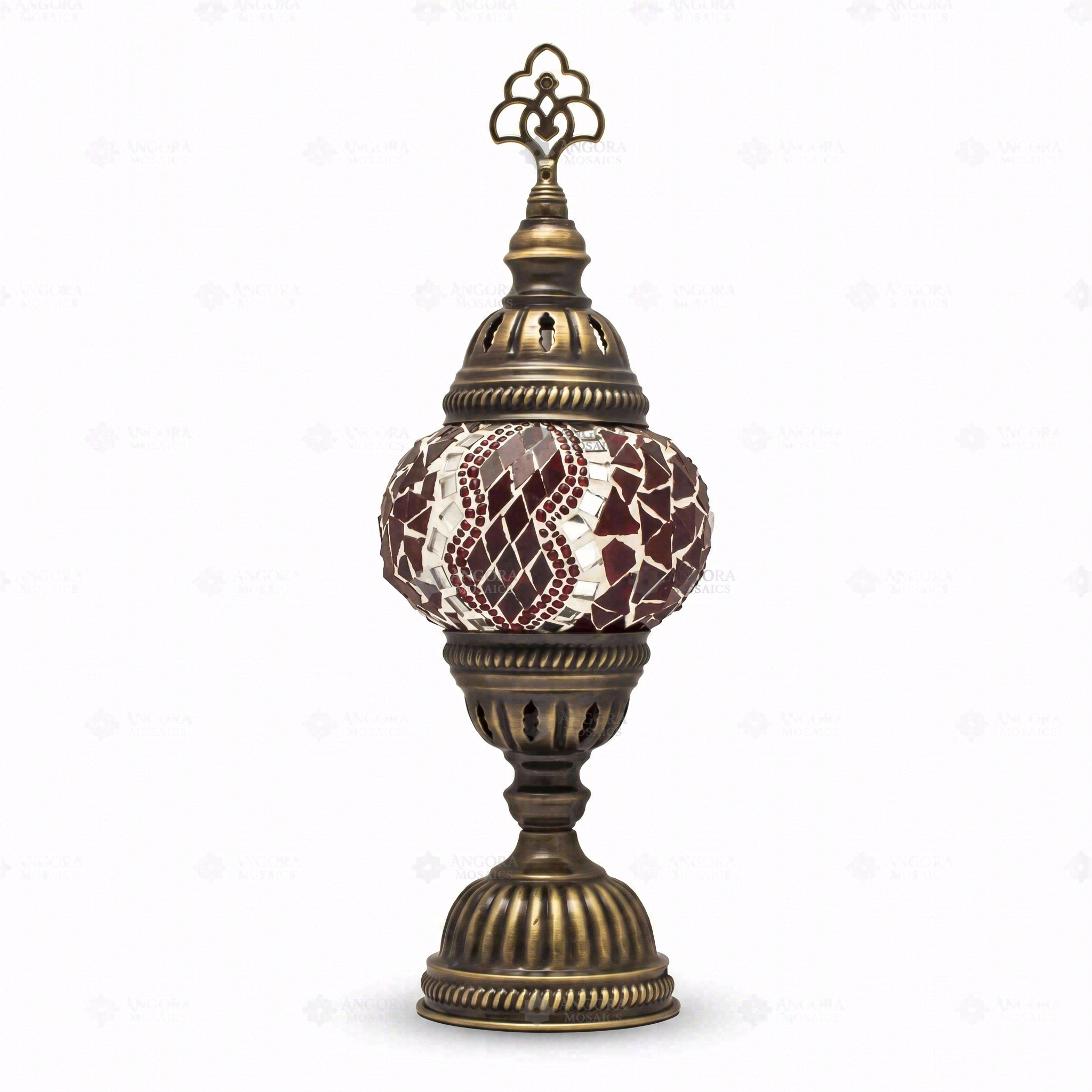 Full view of handmade Red ruby red Turkish mosaic table lamp on white background (ENV MUN1003)