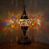 Multicolor Turkish mosaic table lamp illuminated, showing colorful light projection (ENV MUN1010)