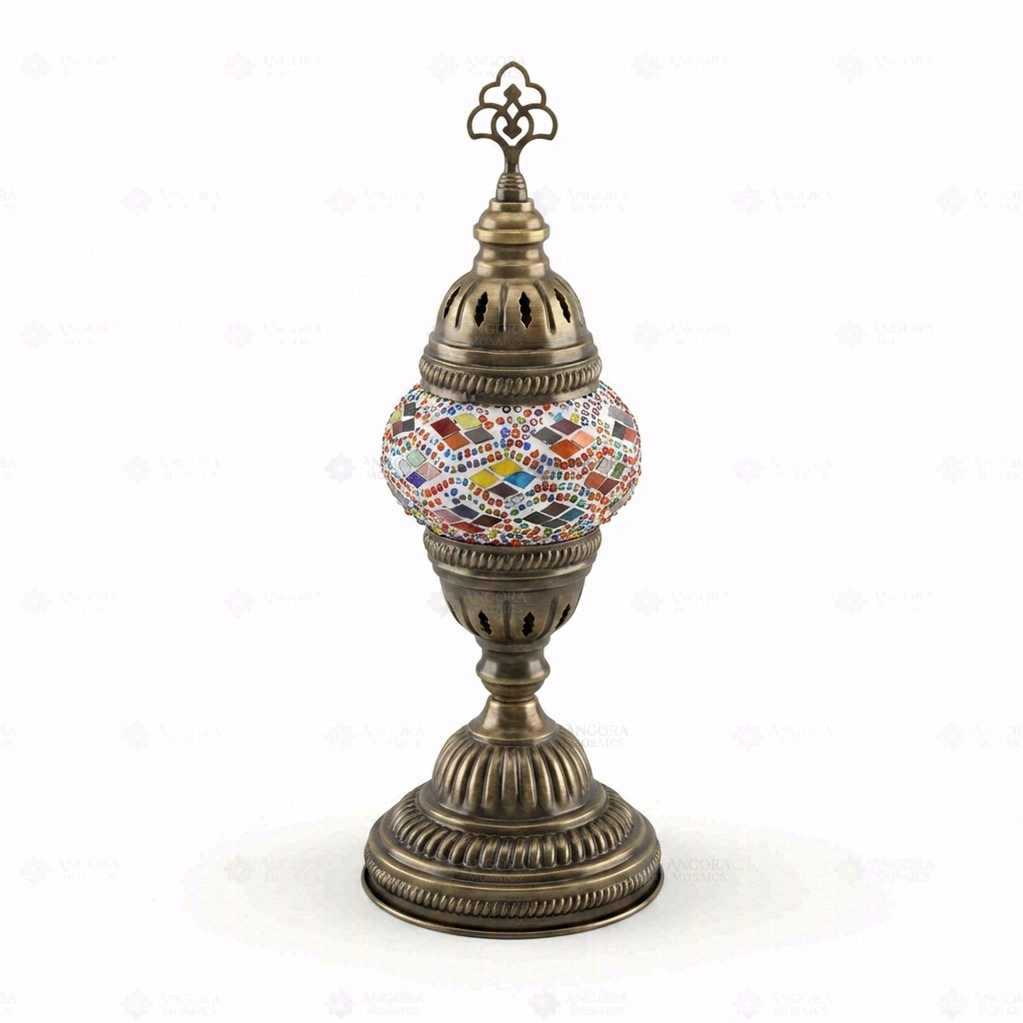 Full view of handmade Multicolor multicolor jewel Turkish mosaic table lamp on white background (ENV MUN1010)